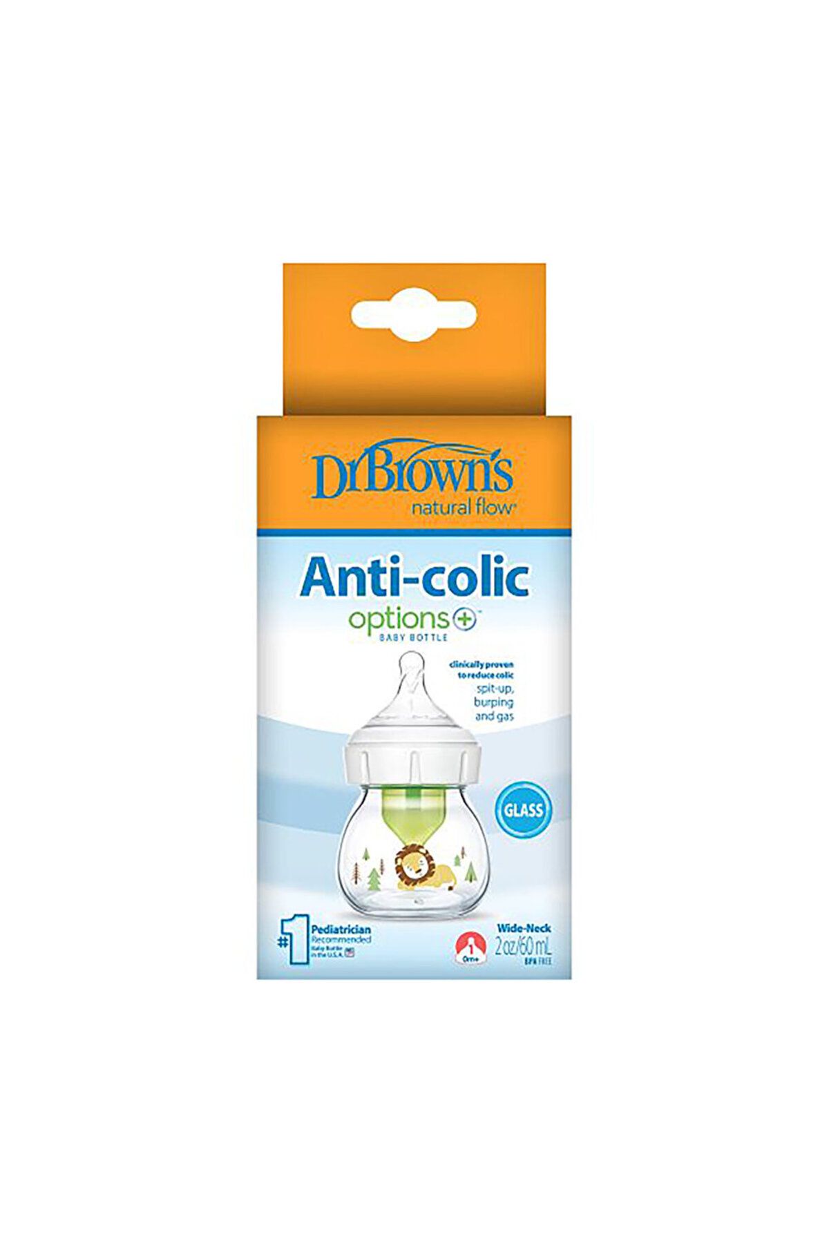 Dr.Brown's DB 21601 Geniş Ağız Anti-Kolik Options+ Desenli Cam Biberon 60 ml Aslan, Tekli paket