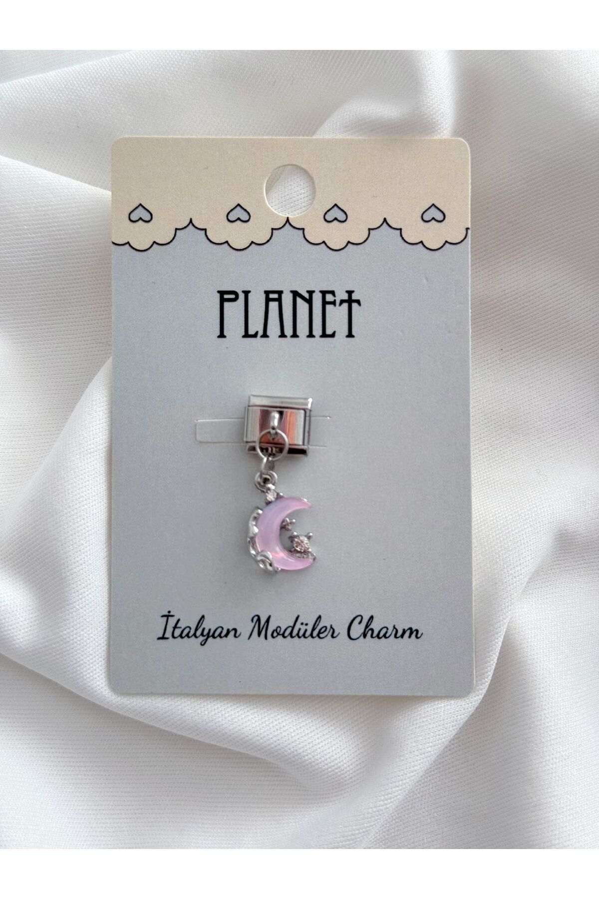 Planet Butik Taşlı Hologram Hilal Sallantılı Kartlı İtalyan Charm
