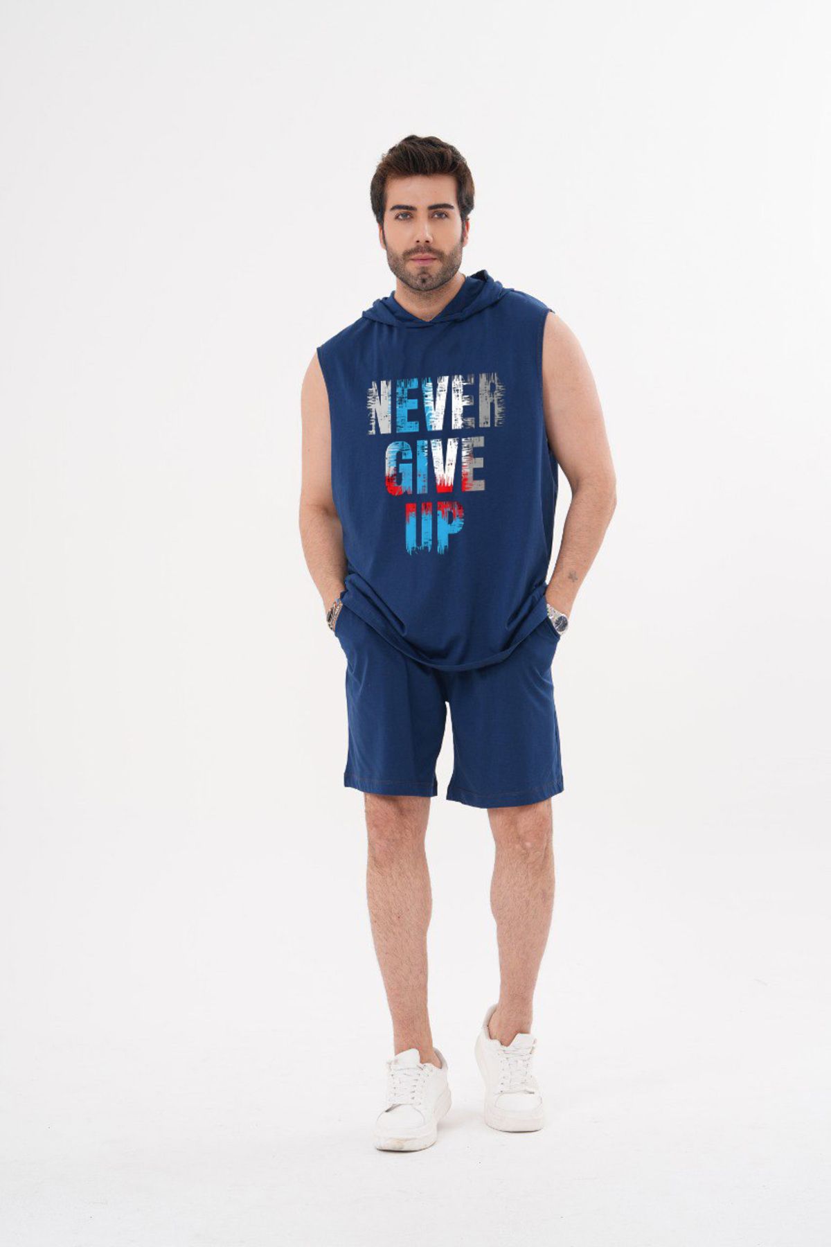 ACTIVE MODA ERKEK -Never Give Up -BASKILI SPOR ATLETİ - ŞORT TAKIMI 2Lİ BÜYÜK BEDEN PAMUKLU
