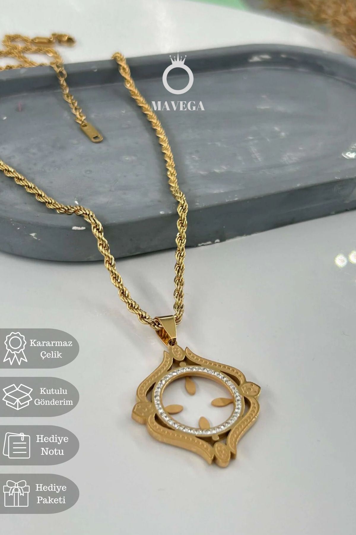 MAVEGA Yüksek Kalite Paslanmaz Kararmaz Çelik Zirkon Taşlı Çeyrek Takılabilir Burgu Zincir Kadın Kolye