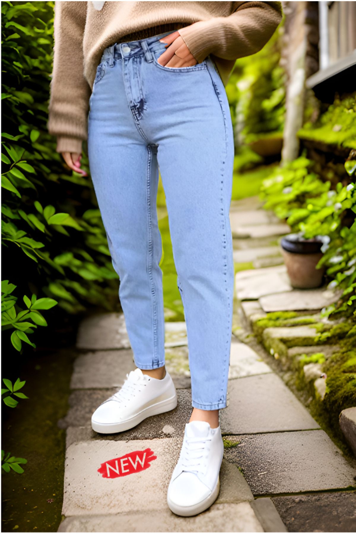 SHEVEGA Buz Mavi Likralı Yüksek Bel Mom Jean Kot Pantolon