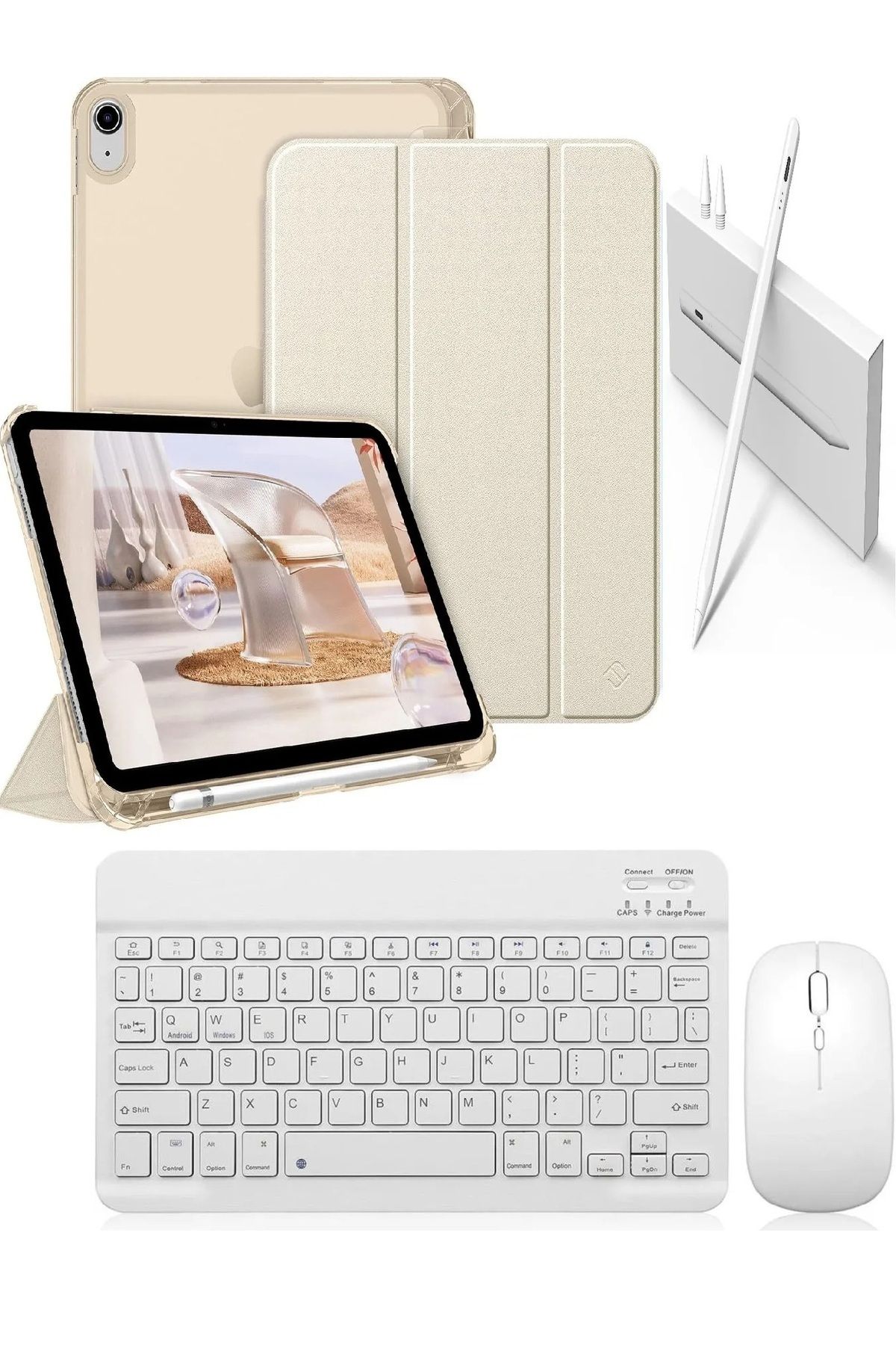 Covpor İpad Air 11inç M2/m3 Air 4/5.nesil 10.9 Uyumlu Flip Kılıf Gold+ Bluetoothlu Klavye Mouse + Kalem