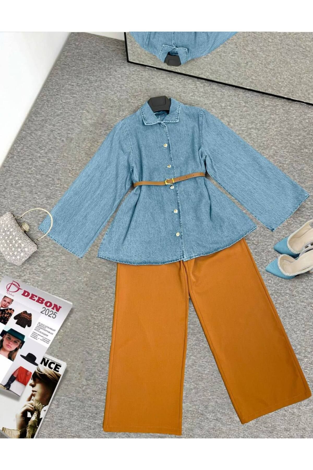 zümrüt moda kemerli kot ceket ve geniş paça pantolon , ikili kot takım 1797