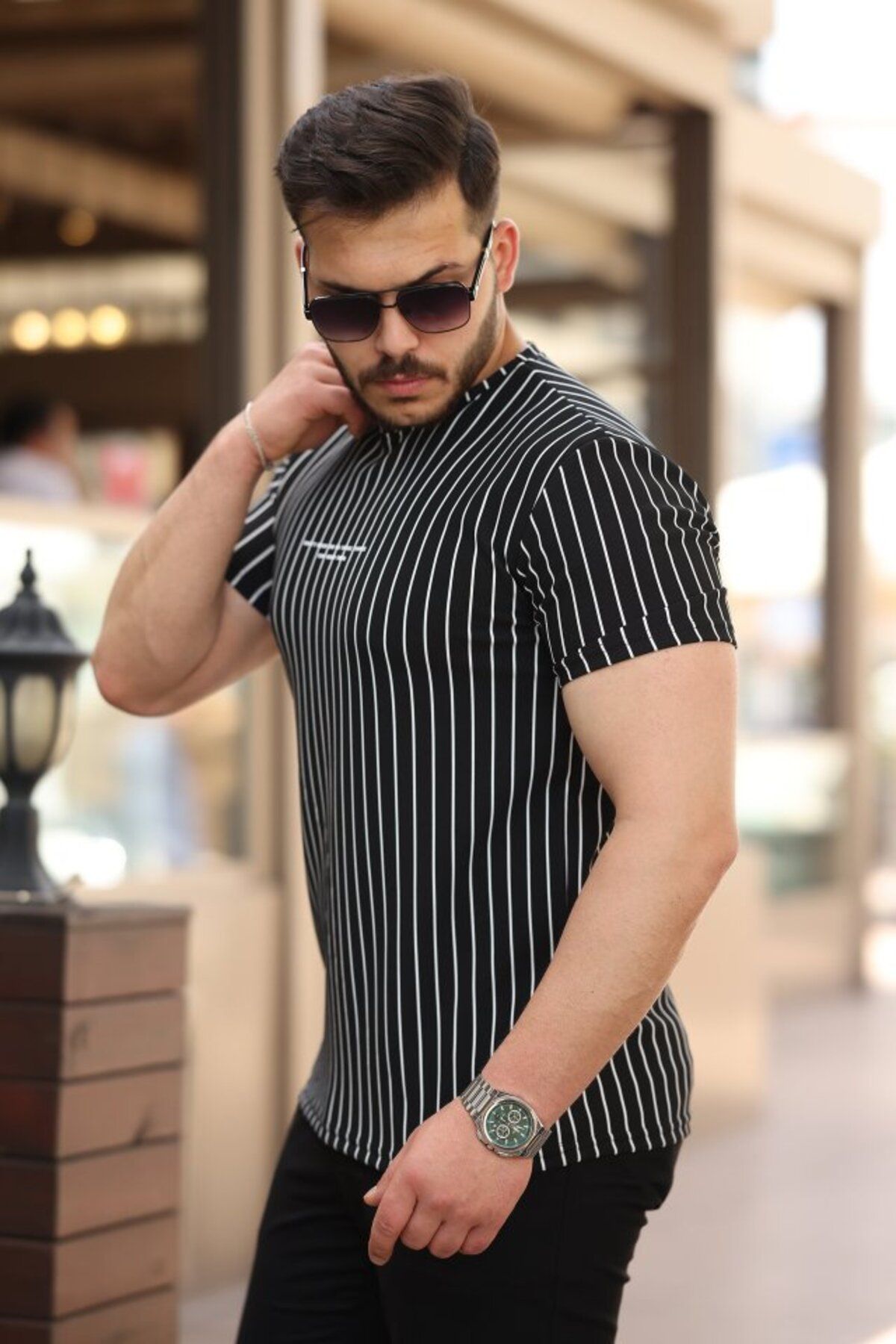 Albayrak Erkek Dikey çizgili Ottoman Kumaş Kısa Kollu T-shirt
