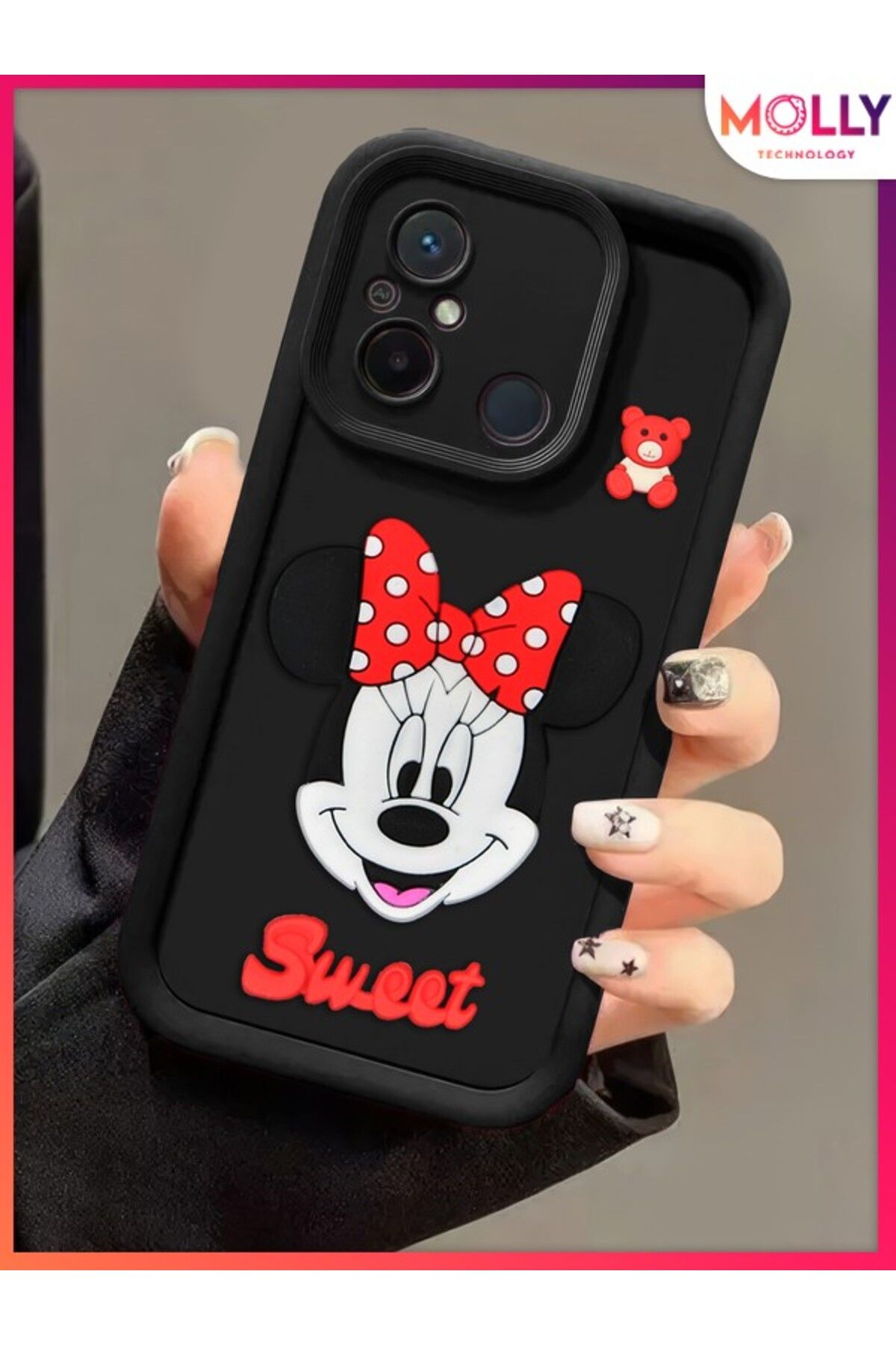 Molly Xiaomi Redmi 12C İçin Siyah Kenarları Kalın 3d Kabartmalı Sevimli Minnie Silikon Kılıf