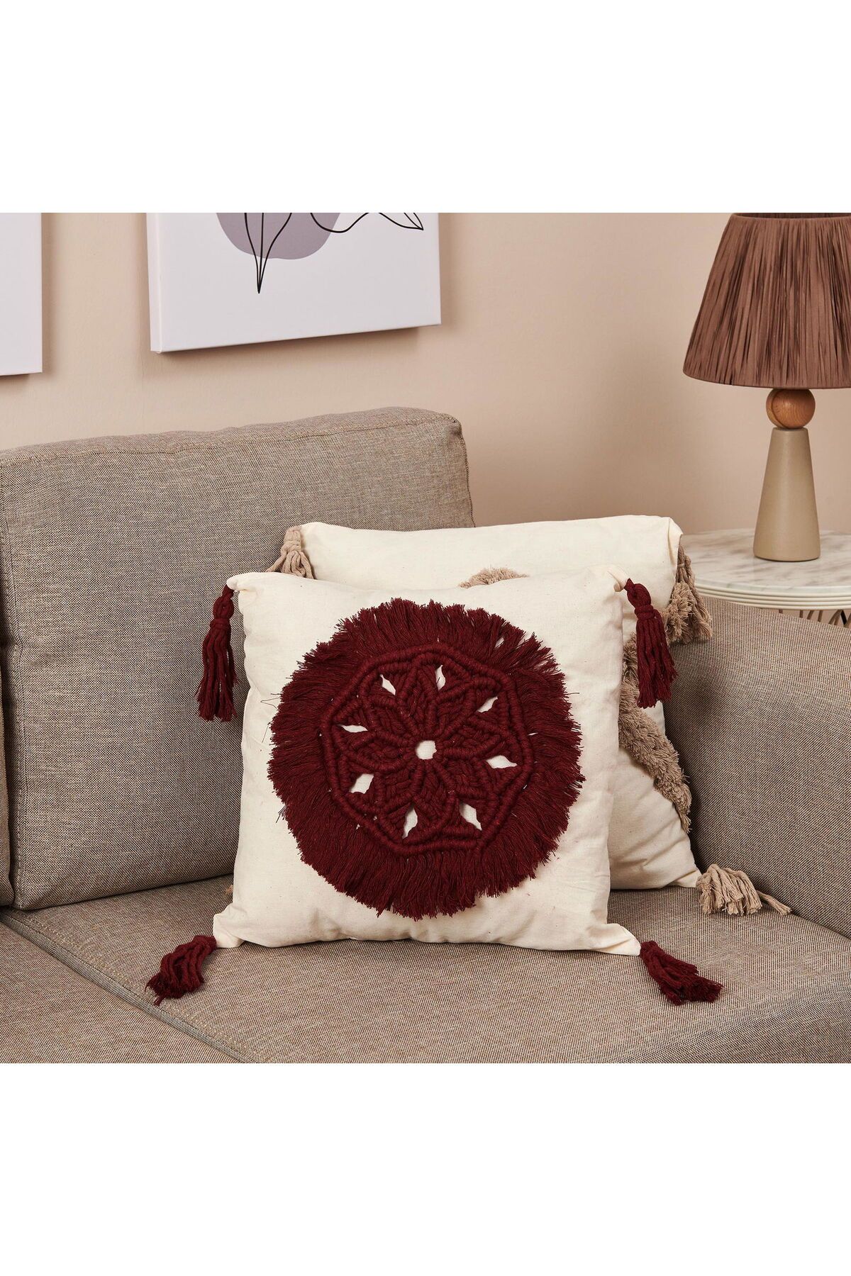 ASPARTAM Makrome Handmade Kırlent - Bordo / Ekru