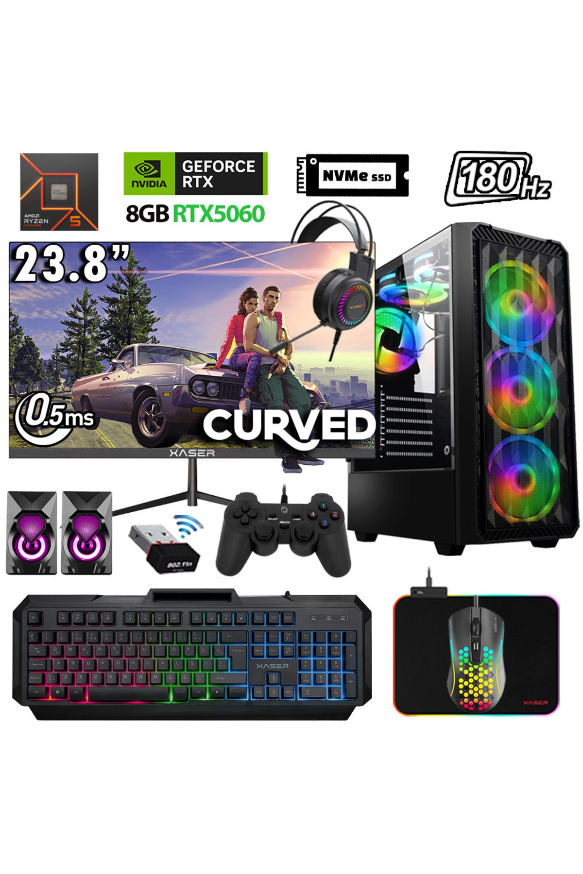 XASER Xsr1148 Ryzen 5 8400F 32GB DDR5 Ram 2TB M.2 NVMe SSD 8GB RTX5060 23.8" 180Hz Oyuncu Bilgisayar