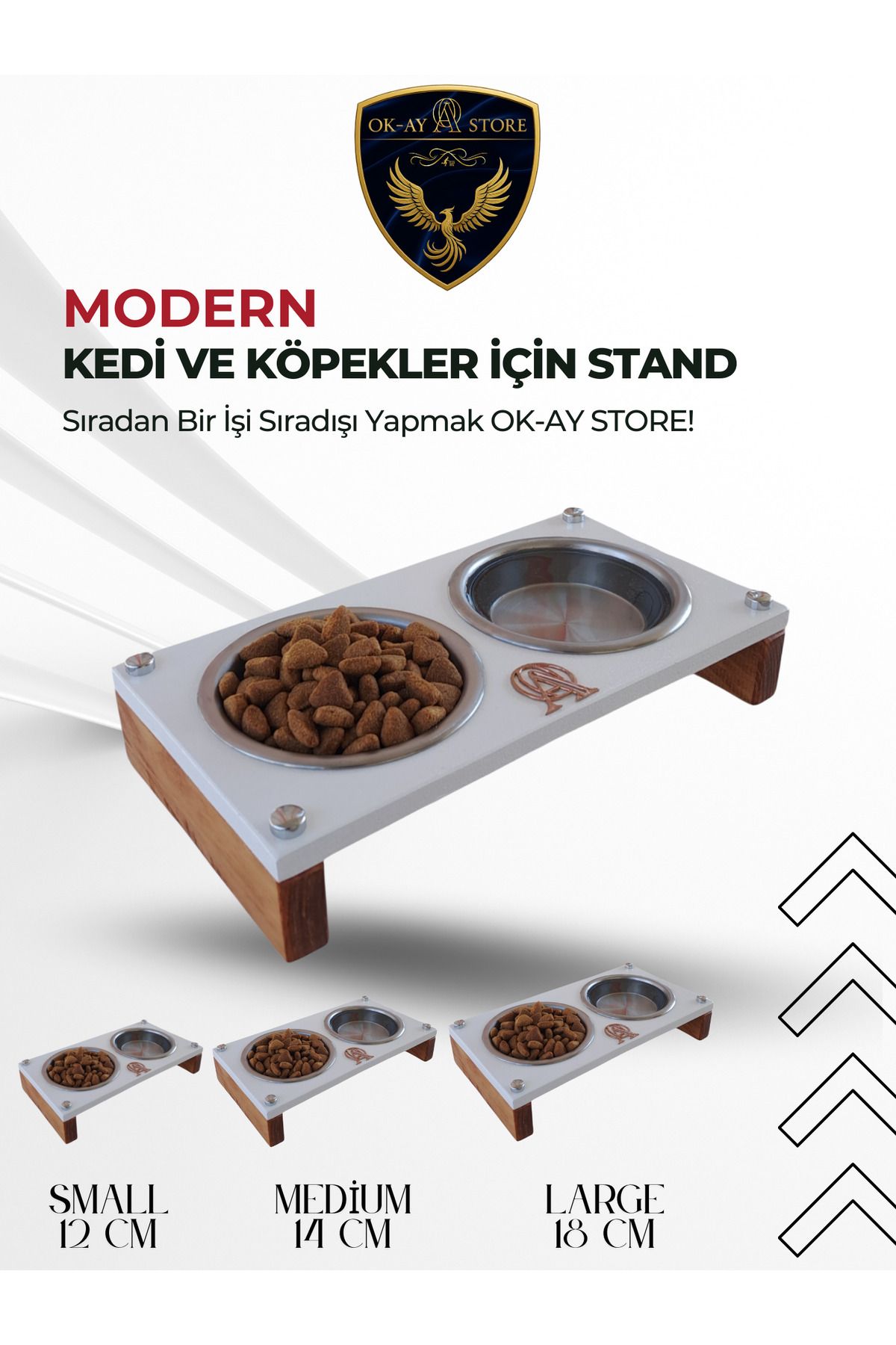 Okay Kedi Köpek Mama ve Su Kabı Standı – Ahşap Gövde, Paslanmaz Çelik Kaseli, Kaymaz Tabanlı