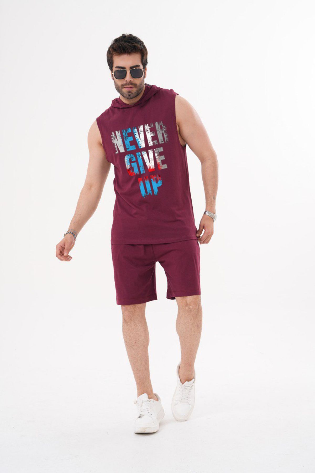 ACTIVE MODA ERKEK -Never Give Up -BASKILI SPOR ATLETİ - ŞORT TAKIMI 2Lİ BÜYÜK BEDEN PAMUKLU