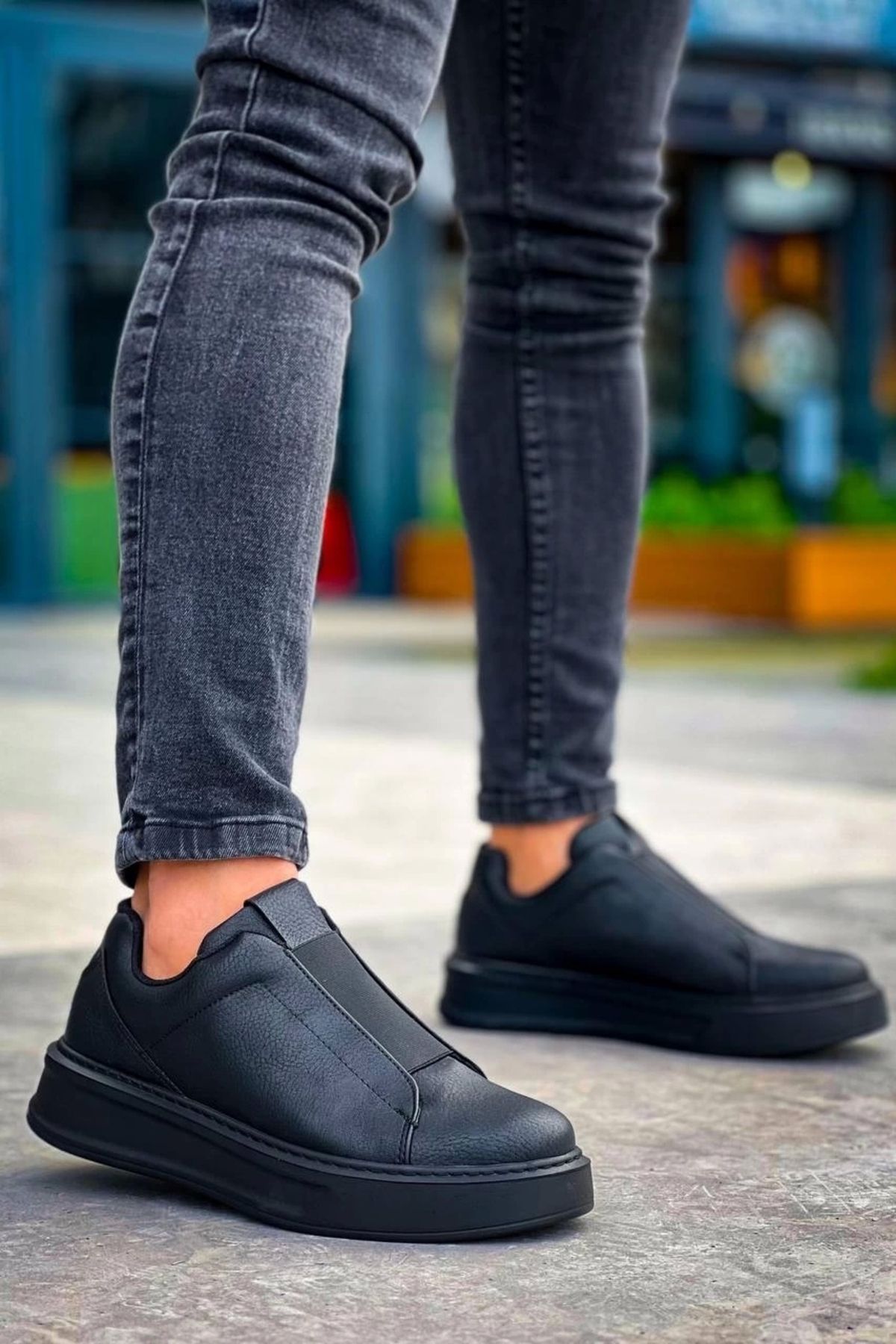 OurStyles KB-007 Kuback Siyah Siyah Yüksek Taban Tek Bant Bağcıksız Günlük Erkek Ayakkabı