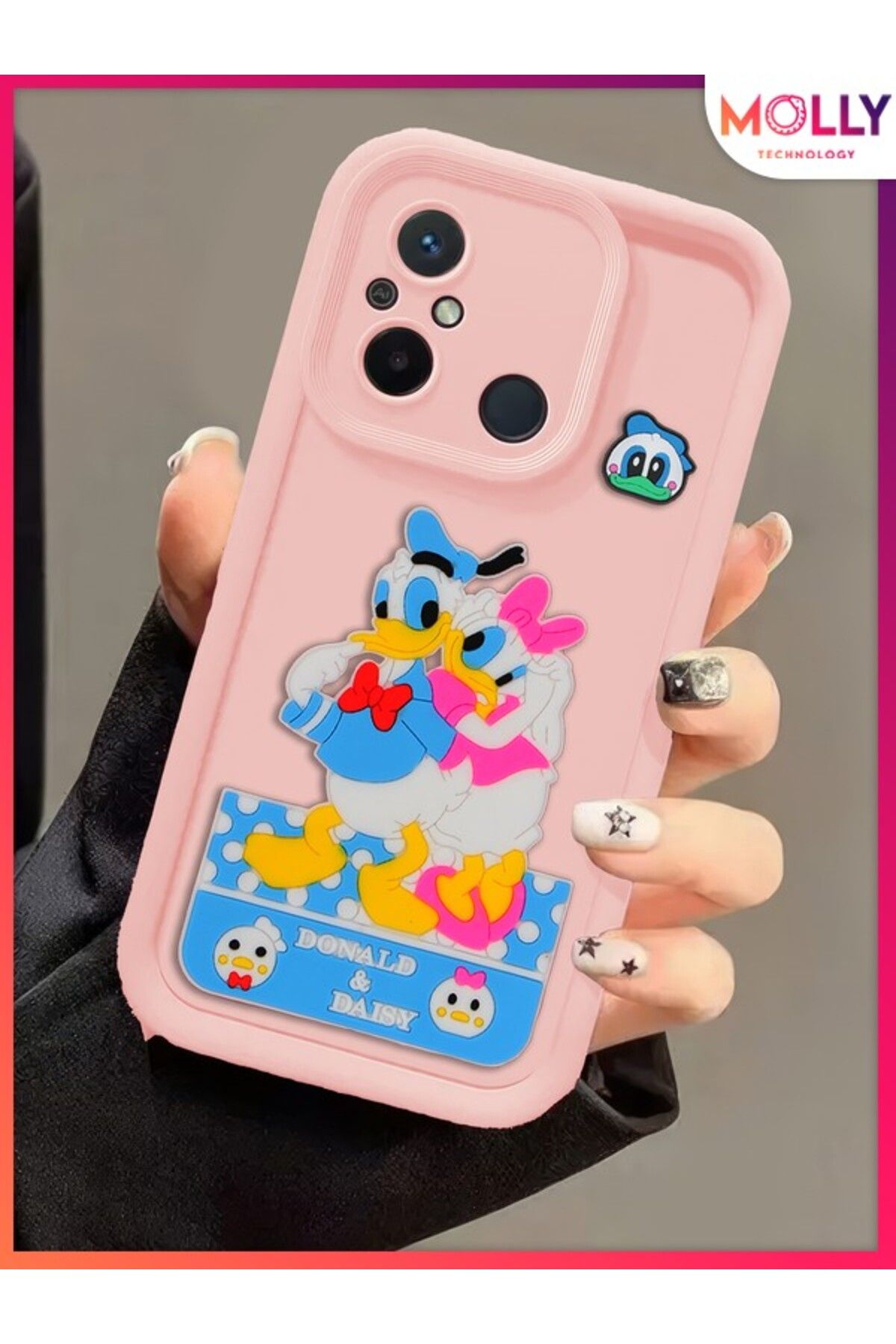 Molly Xiaomi Redmi 12C İçin Kum Pembesi Kenarları Kalın 3d Kabartmalı Donald Daisy Silikon Kılıf