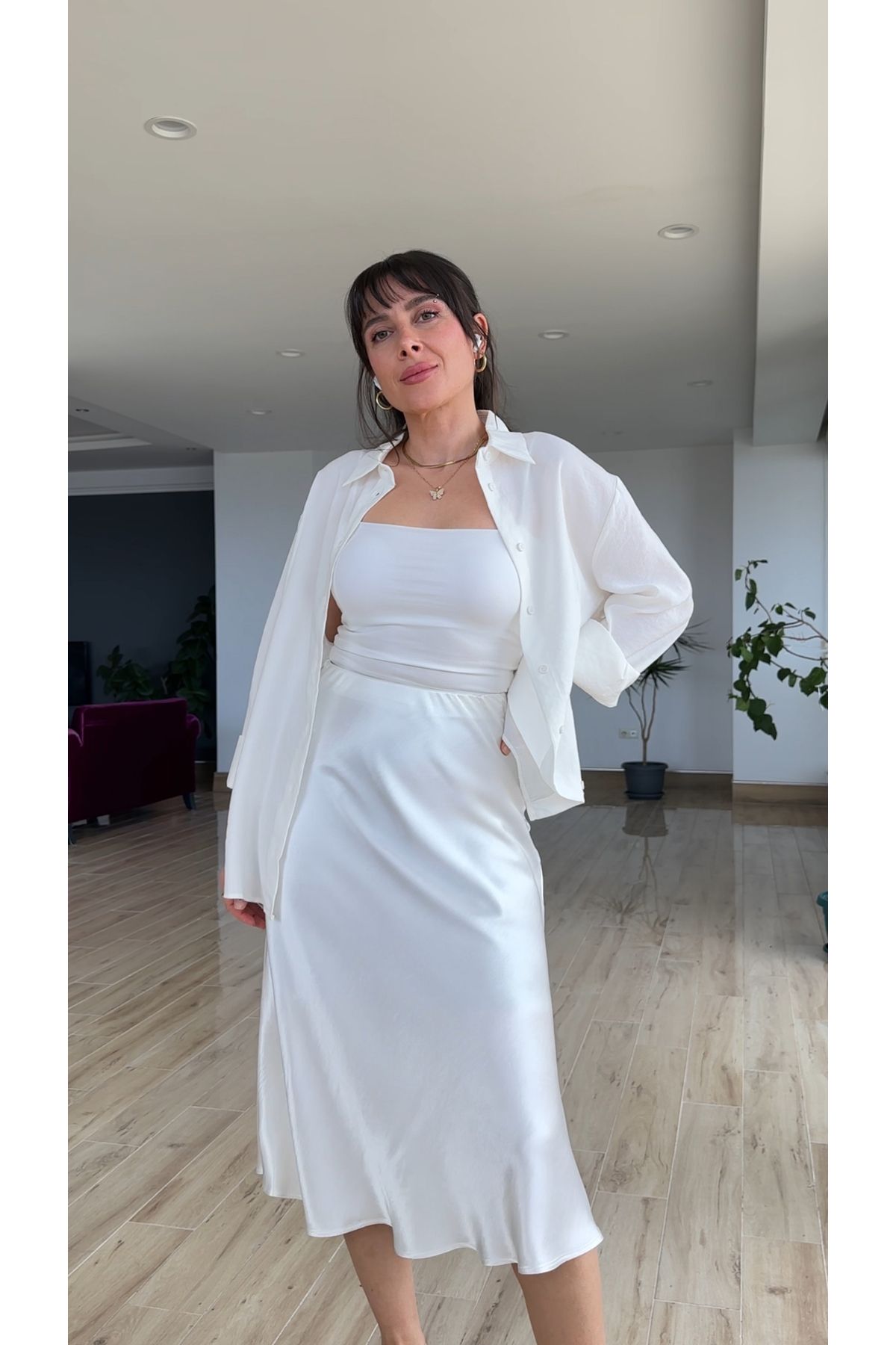 AYSEGUL SOZKESEN Beyaz Midi Boy Beli Lastikli Saten Etek