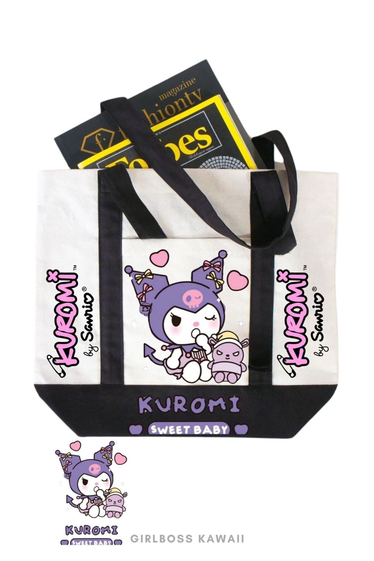 Girlboss Kawaii Girlboss Kuromi kanvas çanta ön cepli büyük boyut / alışveriş , spor , plaj