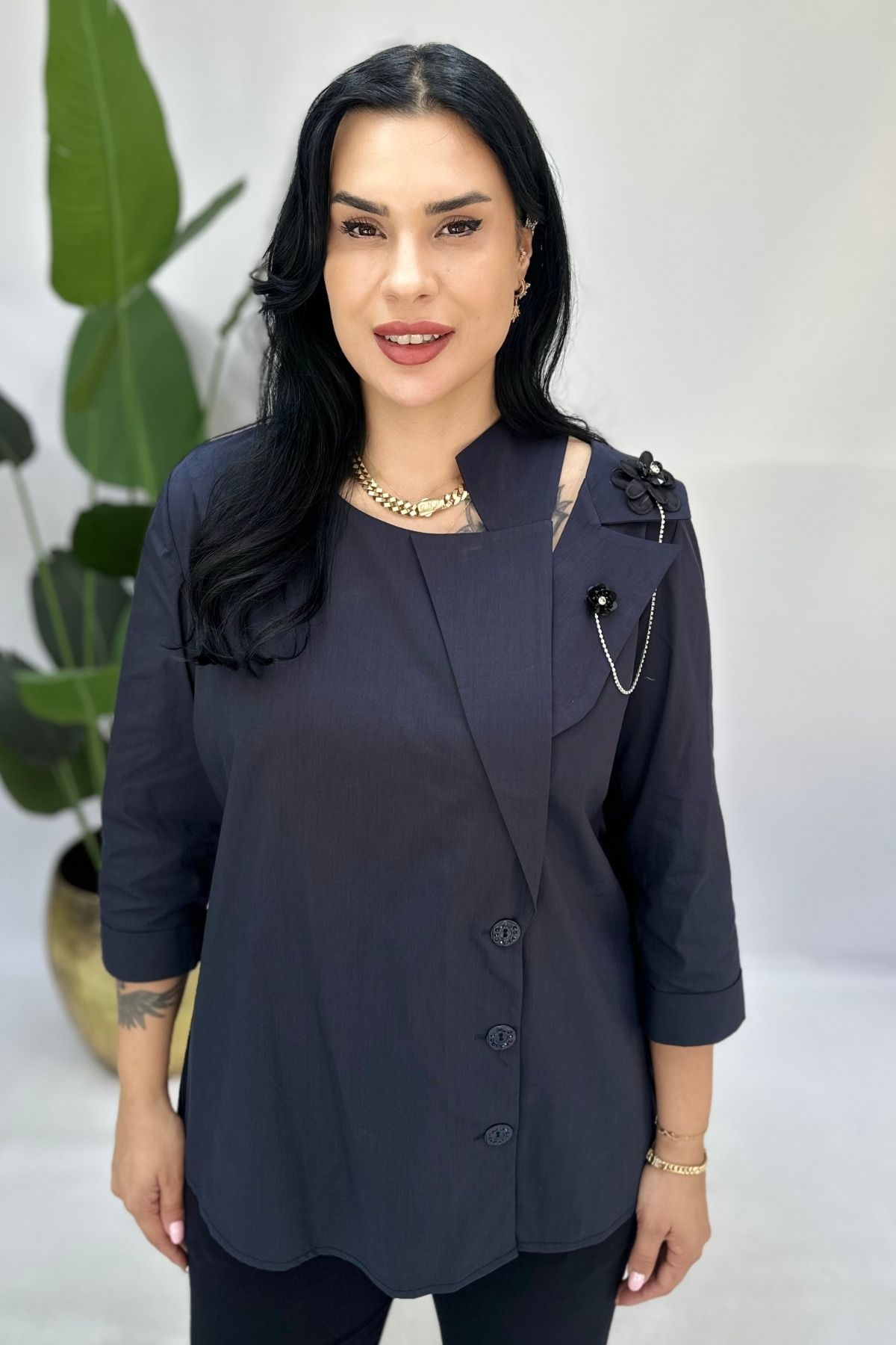 GÖKSEL TASARIM POPLİN BLUZ BÜYÜK BEDEN LACİVERT
