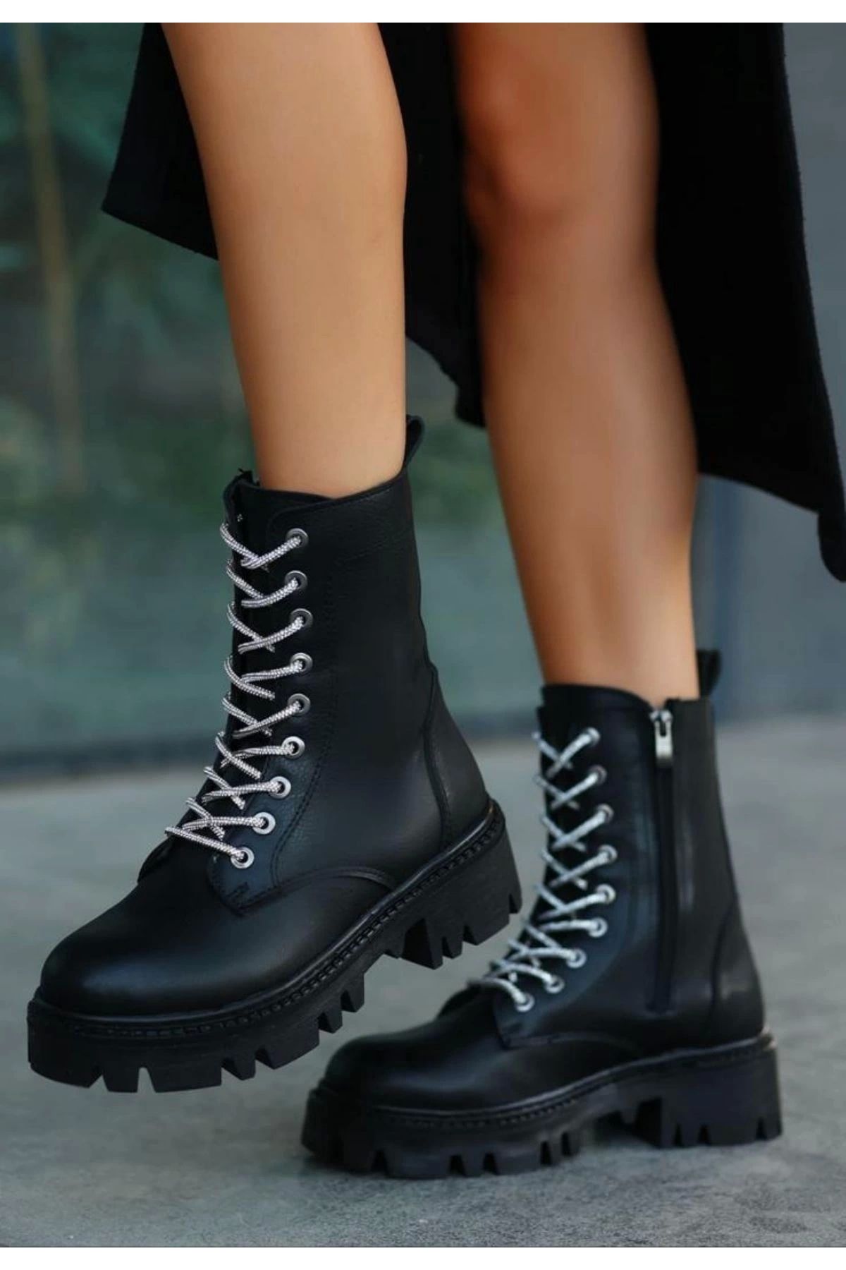 OurStyles Jinox Siyah Cilt Bağcıklı Bot