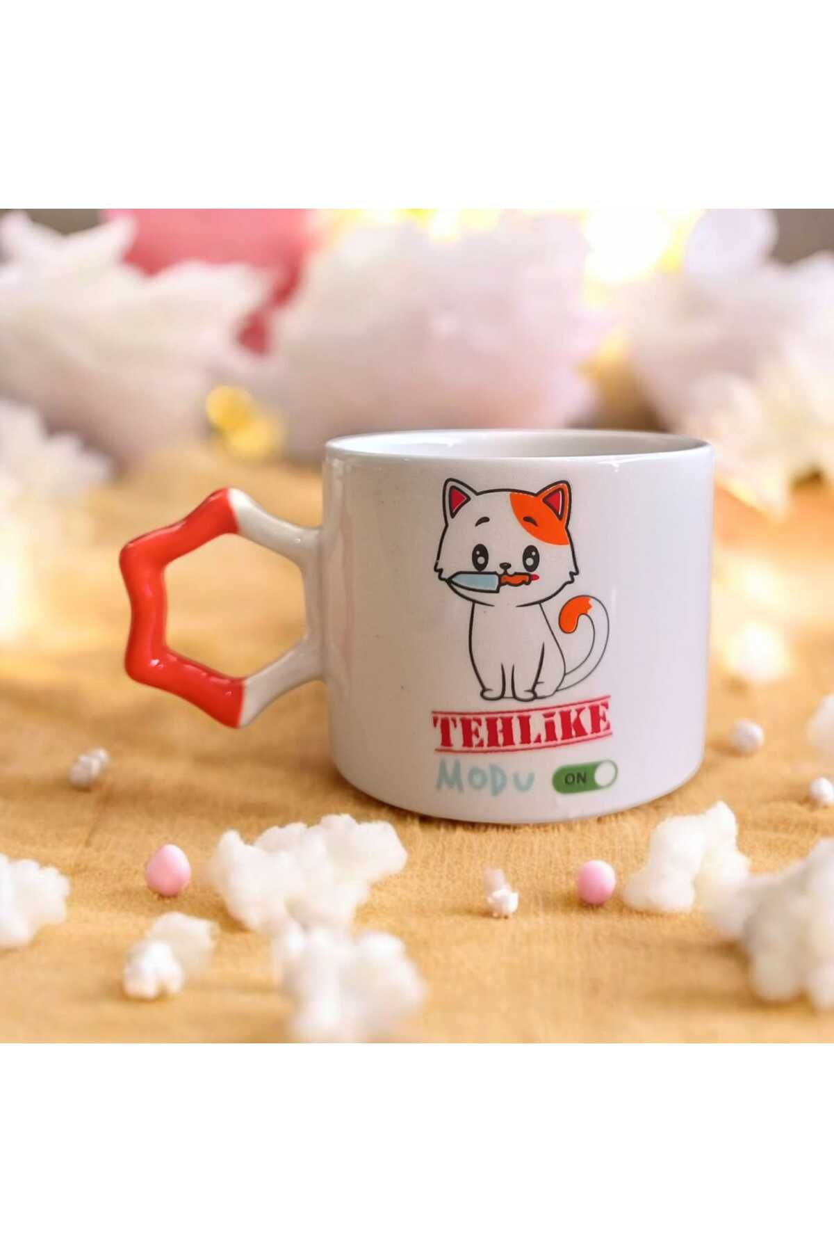 Simge Seramik Tehlike Modu Çift Taraf Baskılı Yıldız Kulplu El Yapımı Doğal Seramik Mug Kupa Fincan