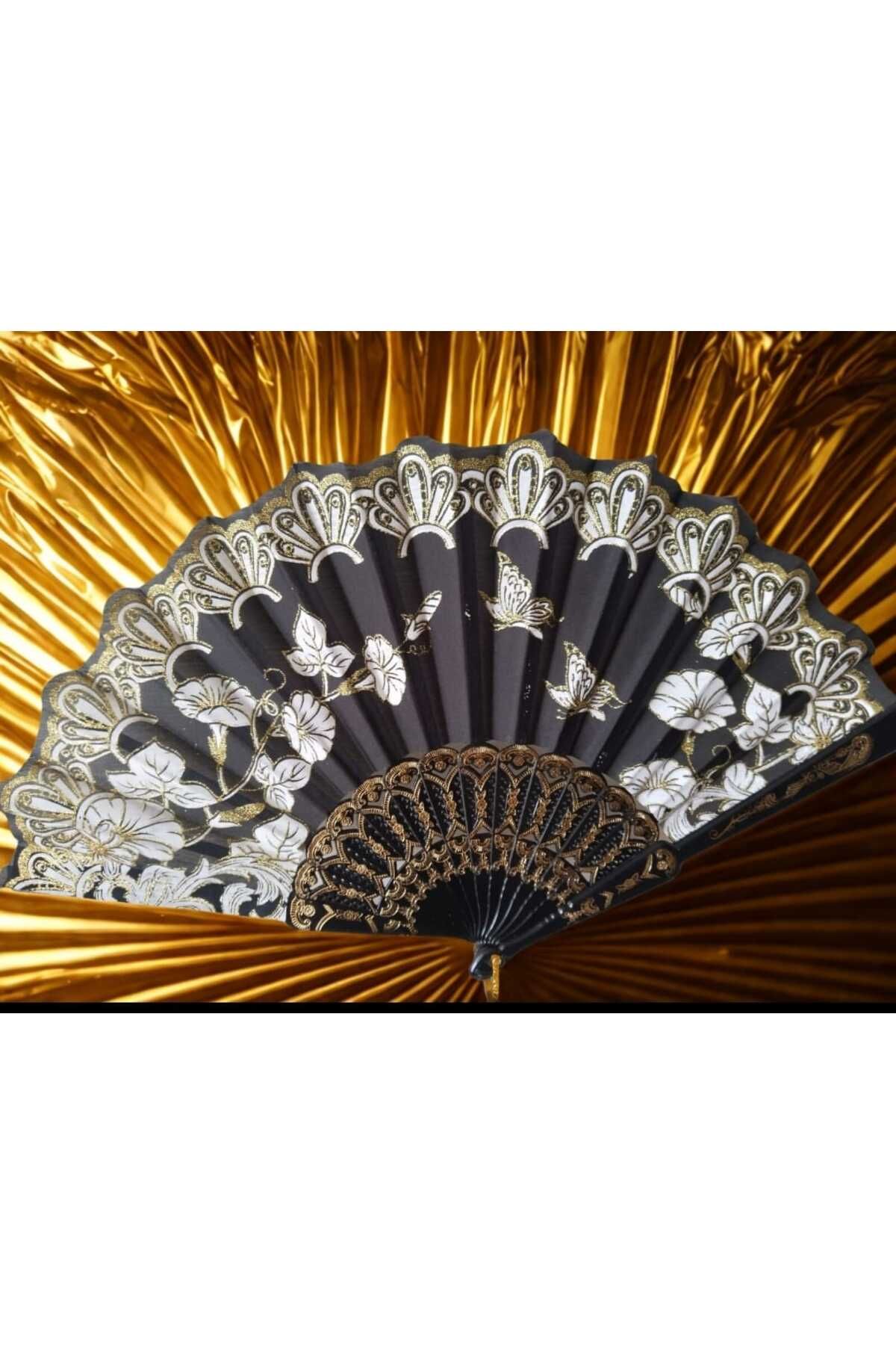 ELEGANT DREAM Yelpaze Siyah Üzerine Gold Renklerle Süslenmiş