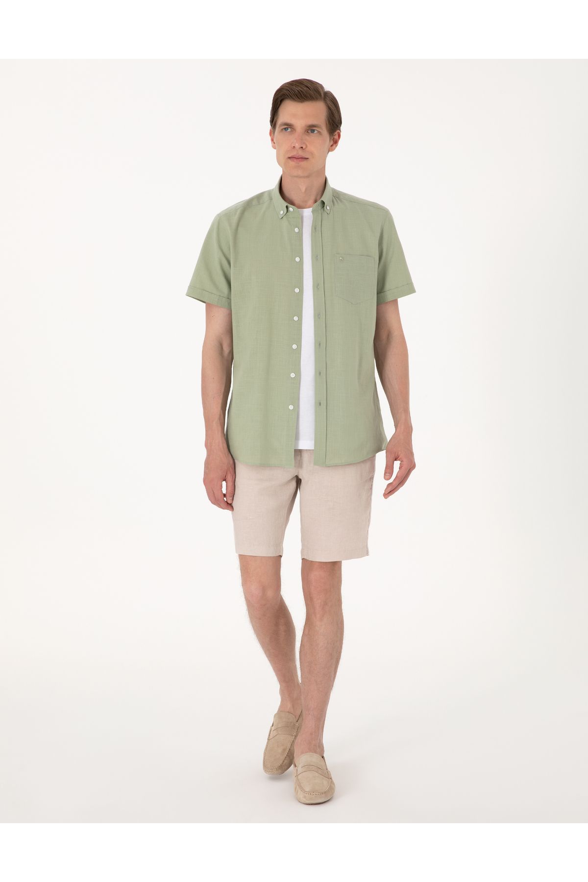 Pierre Cardin Bej Slim Fit %100 Keten Dokuma Şort 50301780-VR011