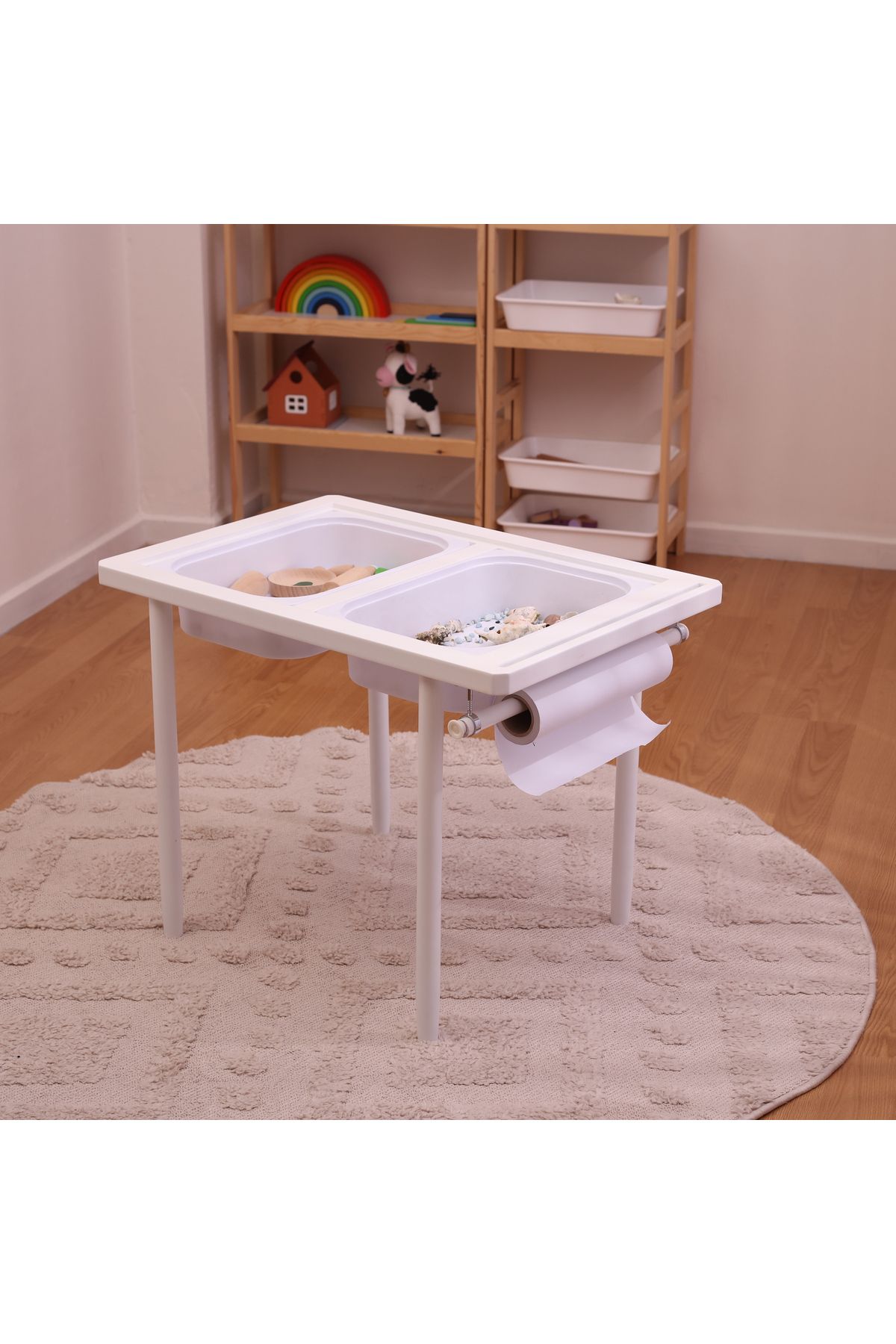 Monti Mania Montessori MDF Beyaz Aktivite Masası 2 Sepet Beyaz/Kara Tahtalı Rulo Kişiselleştirilebilir 2-6 Yaş