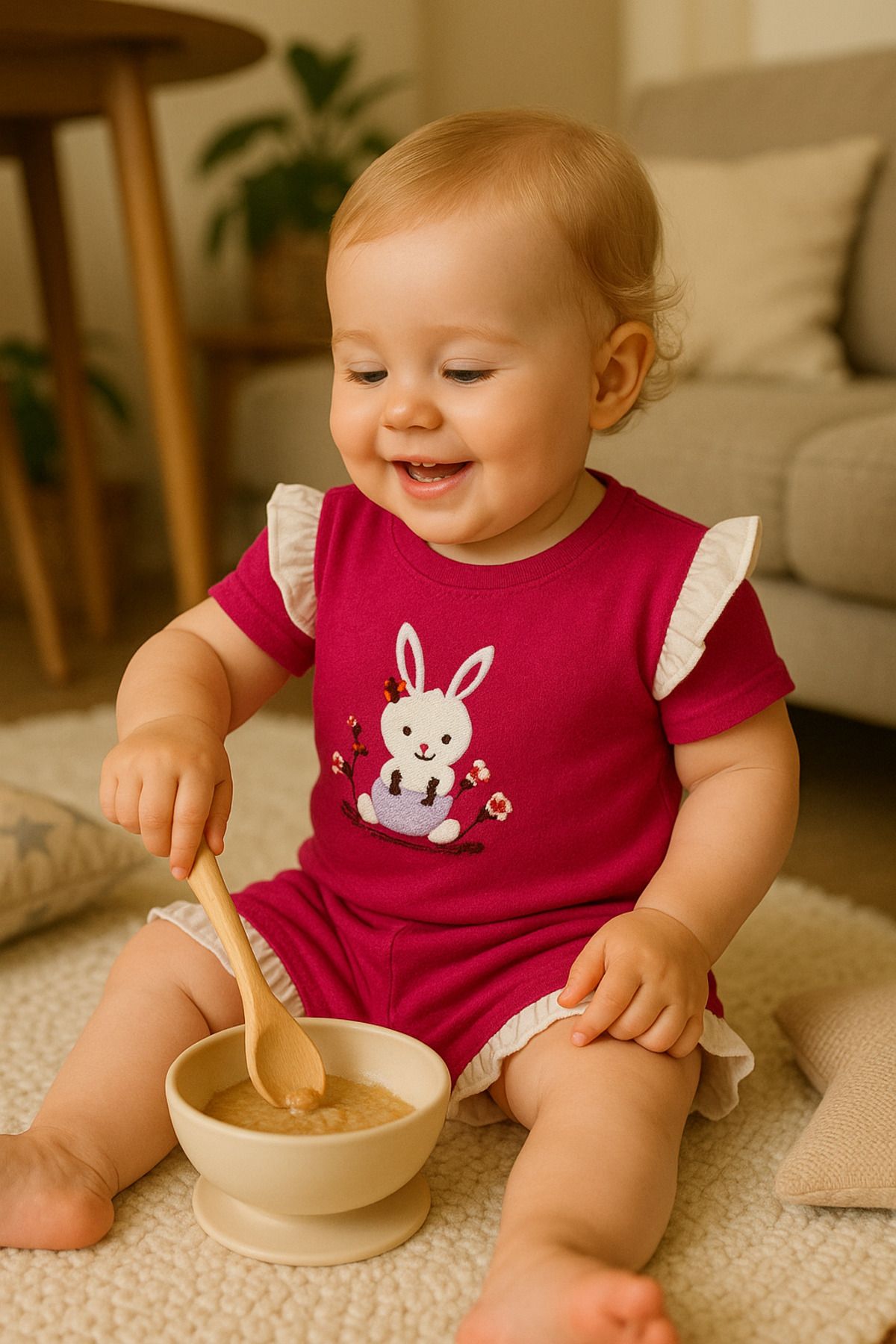 TRENDİMİZBİR Fırfır Detaylı Tavşan Nakışlı Kız Bebek Şortlu Takım – Fuşya