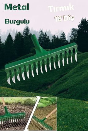 NUBLADO Metal Burgulu Bahçe Tarla Tırmık 18 Diş Çim Peyzaj Yaprak Ot Saman Te...