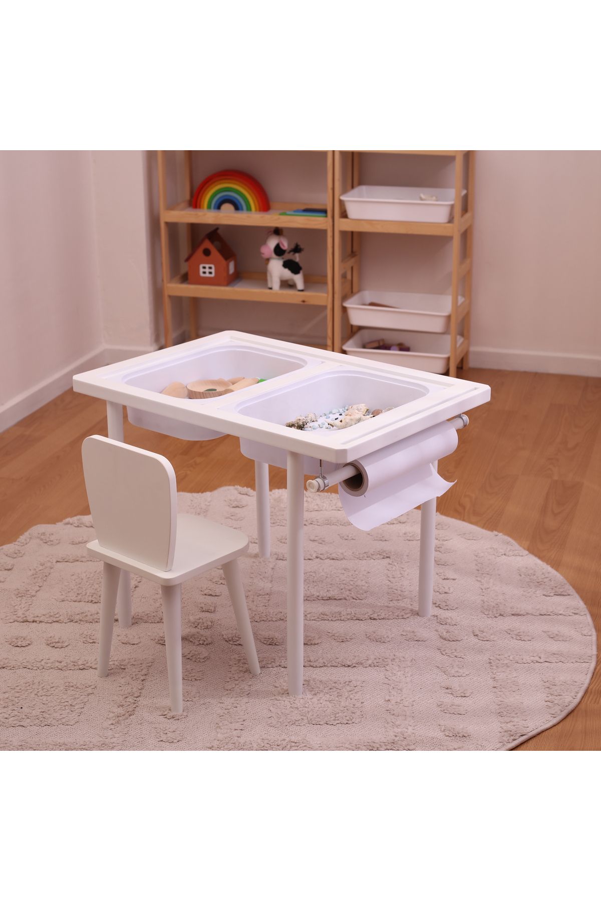 Monti Mania Montessori MDF Beyaz Aktivite Masası 2 Sepet Beyaz/Kara Tahtalı Rulo Kişiselleştirilebilir 2-6 Yaş