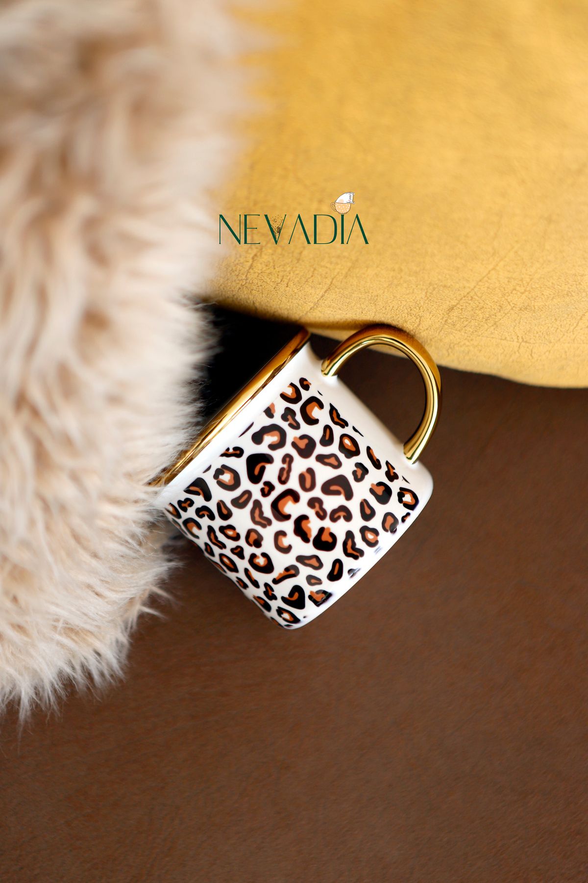 NevaDia Leopar Desenli Gold Kupa Fincan, Özel Gün Hediyelik Fincan, Kupa