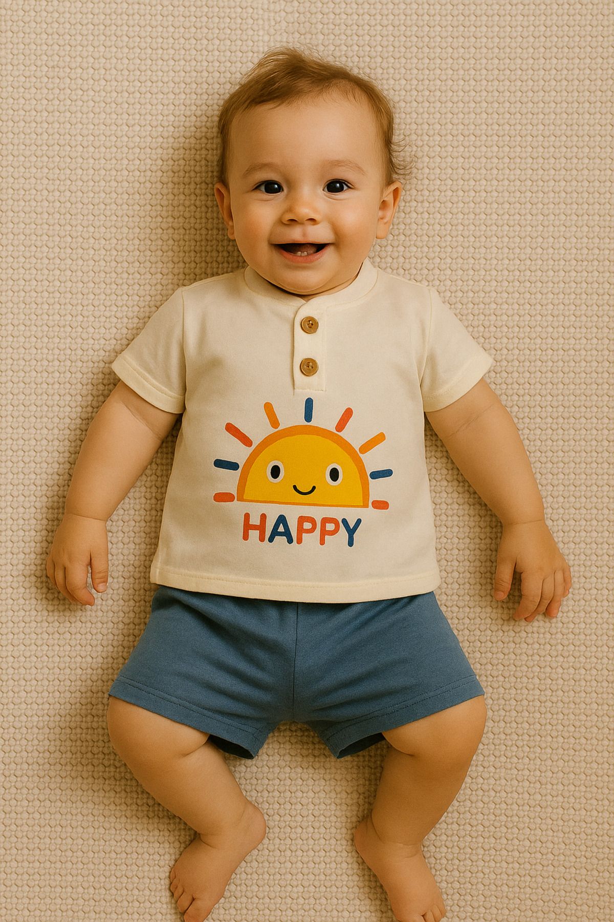 TRENDİMİZBİR Güneş Baskılı Düğme Detaylı Unisex Bebek Şortlu Yazlık Takım – Mavi