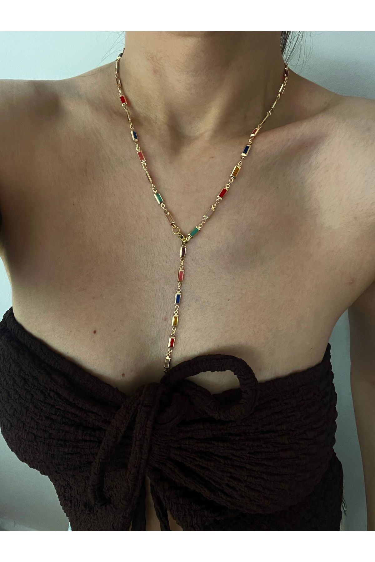 Hoop jewelery renkli zincir taşlı dekolye y kolye
