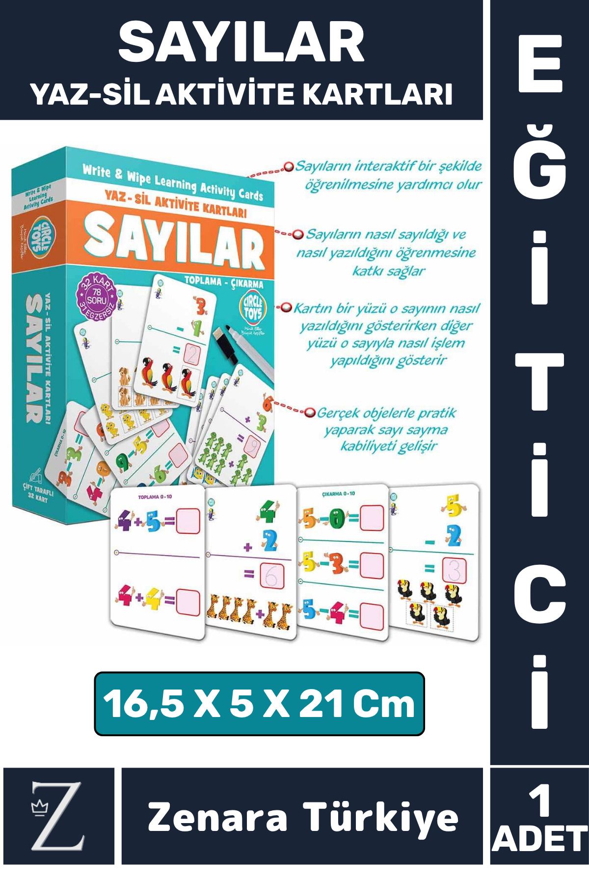 Zenara Çocuk Eğitici Zeka Geliştirici İşlem Becerisi Öğrenimi Eğlenceli Yaz Sil Aktivite Kartları-SAYILAR