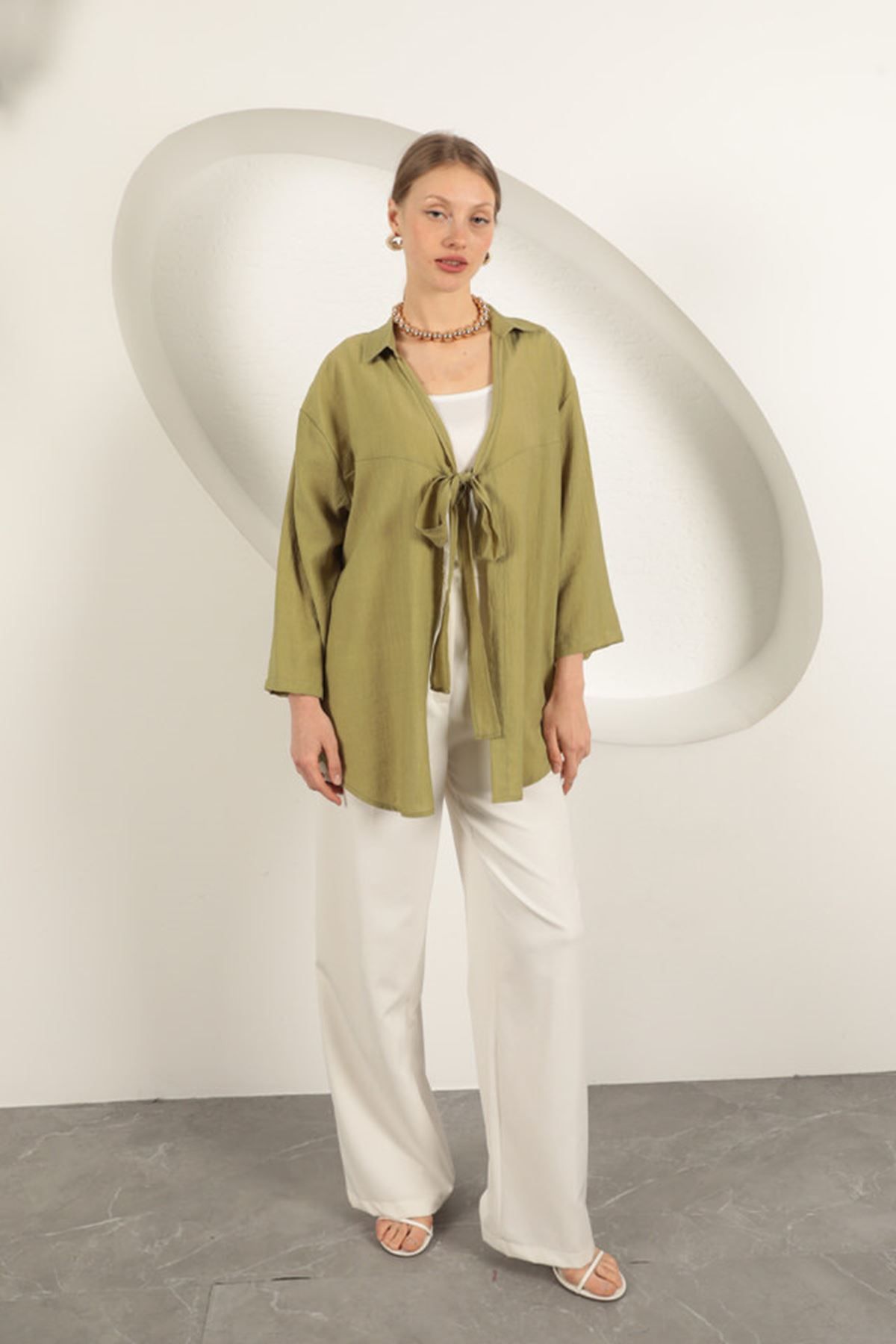 blueb Ağaç Kabuğu Kumaş Kimono-Haki