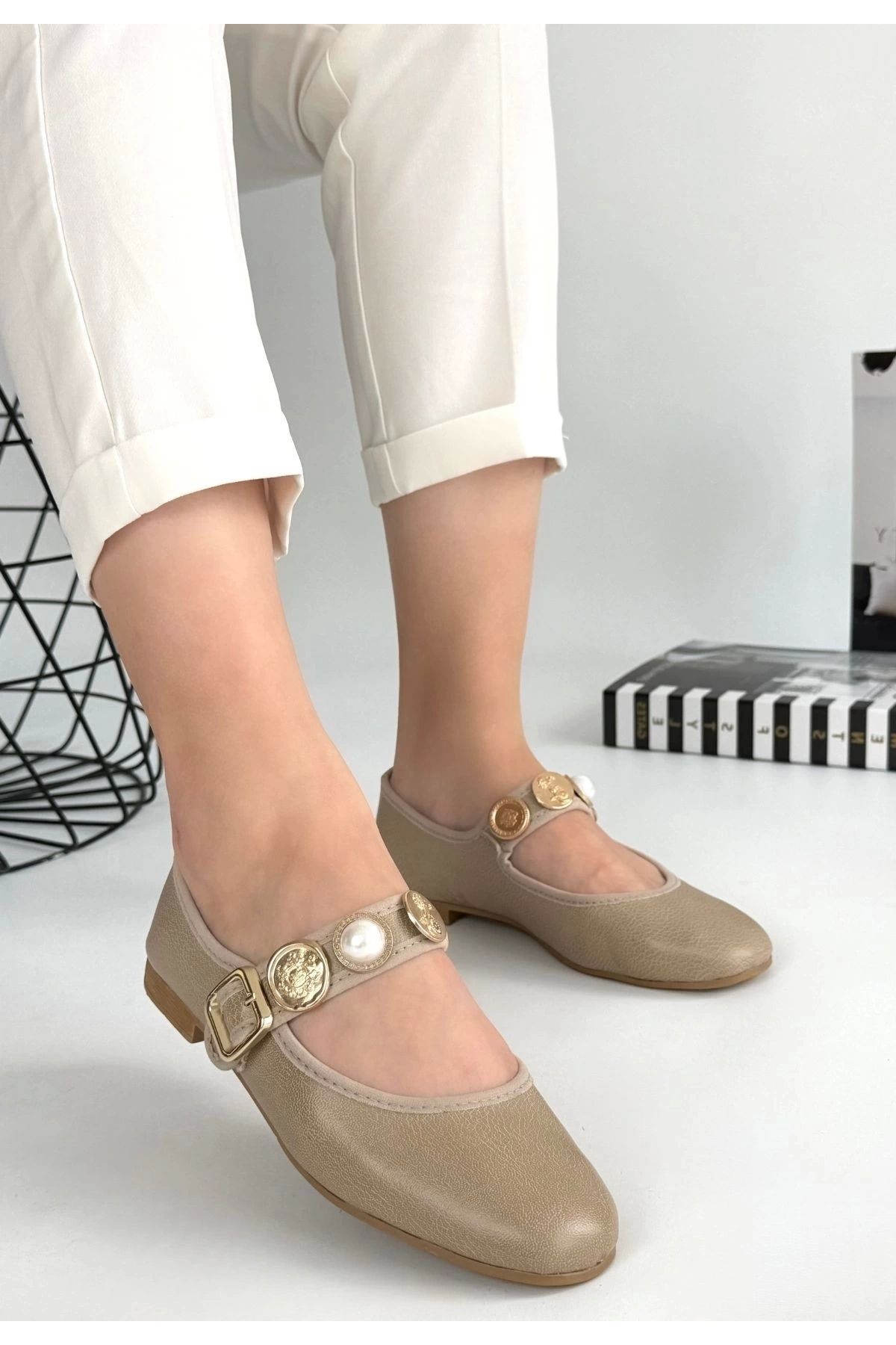 OurStyles Copte Bej Cilt Babet Ayakkabı