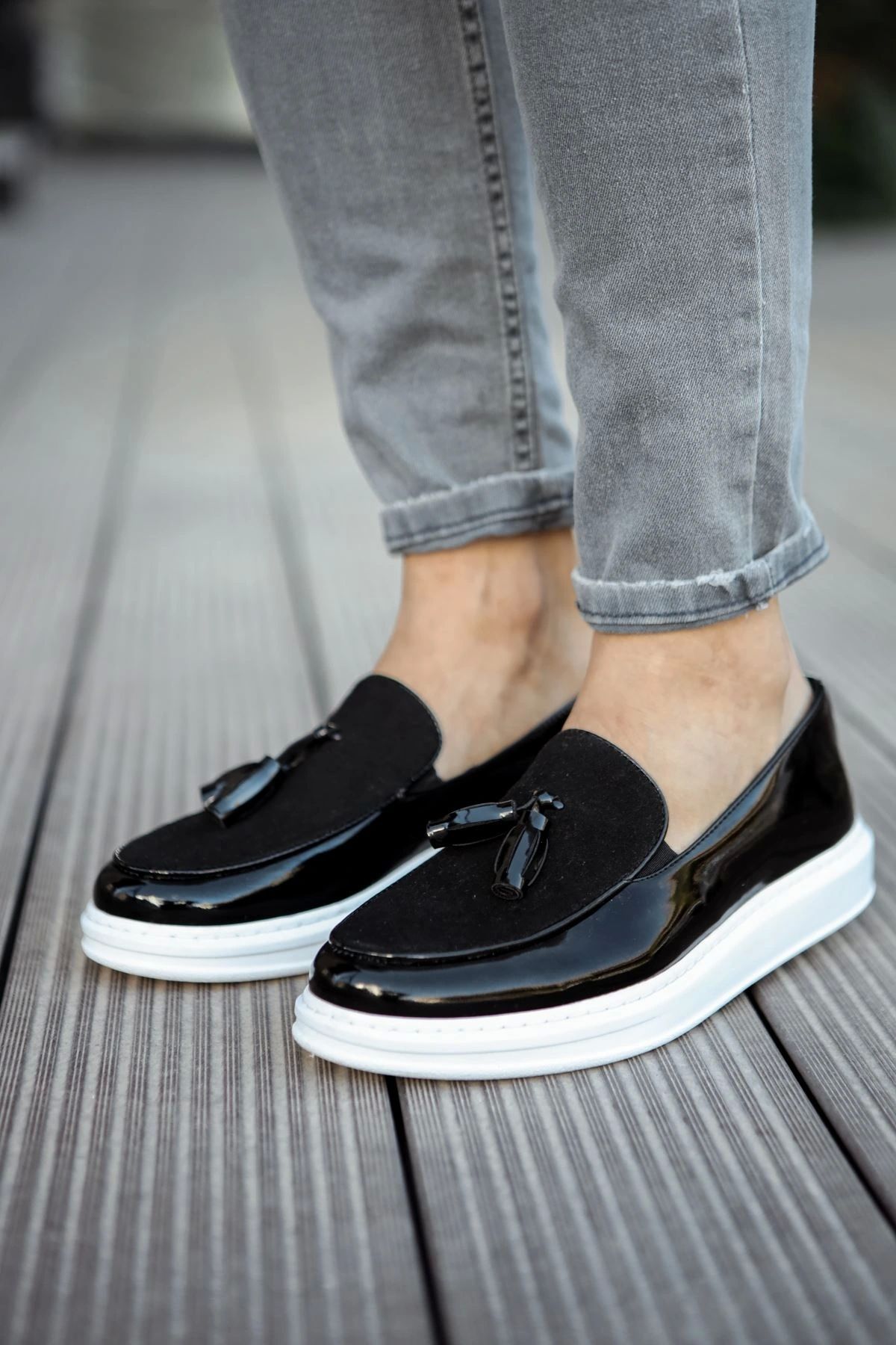 OurStyles CH002 RBT Loafer Verniciata Erkek Ayakkabı SIYAH