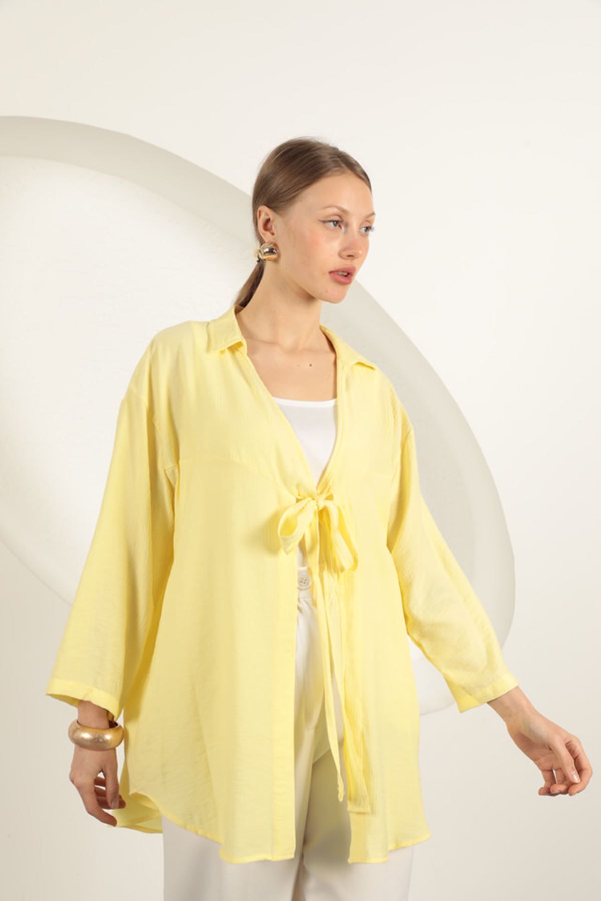 Graph Ağaç Kabuğu Kumaş Kimono-Sarı