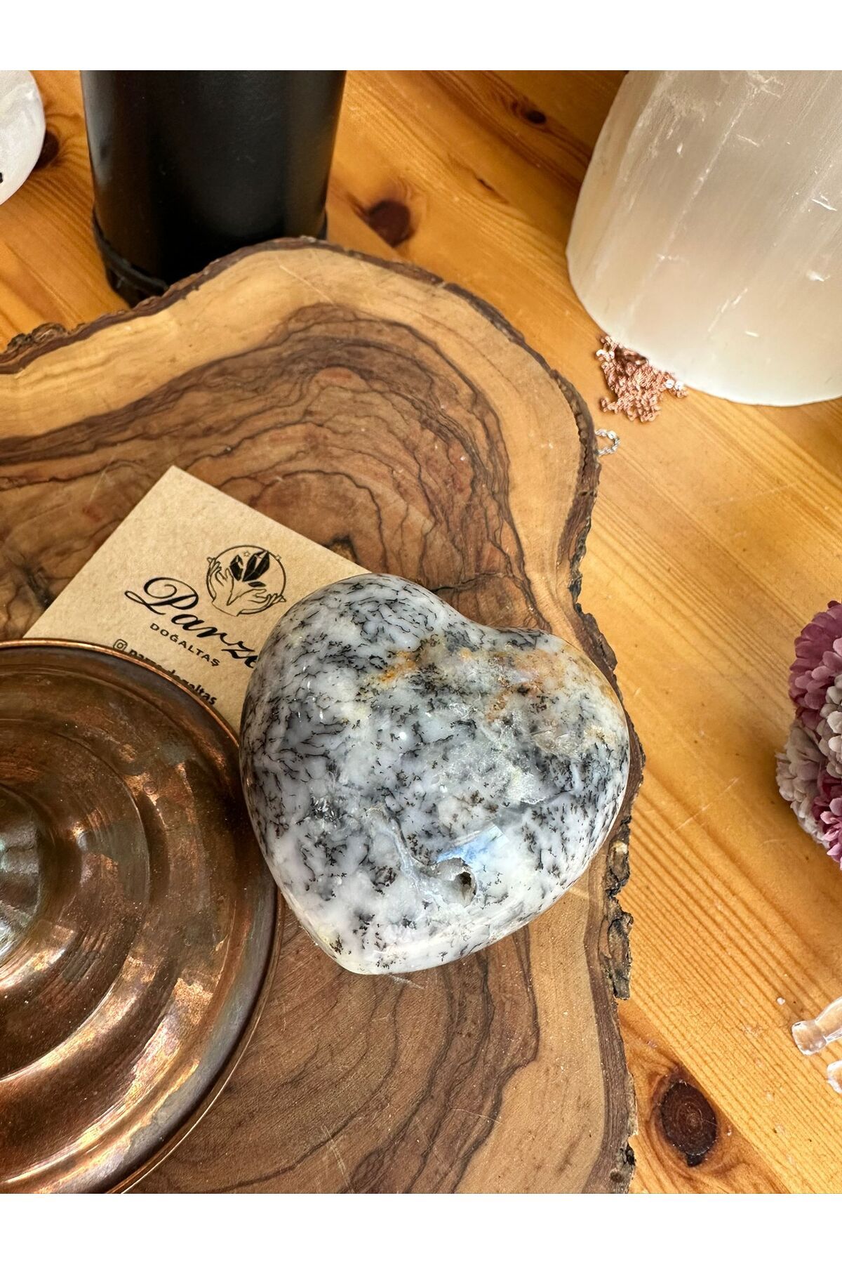 parze doğaltaş Merlinit ( Dendiritli Opal ) Doğal Taş Kalp Parça