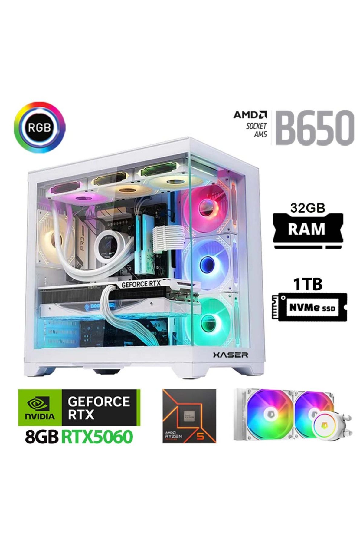 XASER Lexus x570 Ryzen 5 7500F 32GB Ram 1TB M.2 NVMe SSD 8GB RTX5060 Sıvı Soğutmalı Beyaz Oyuncu Bil