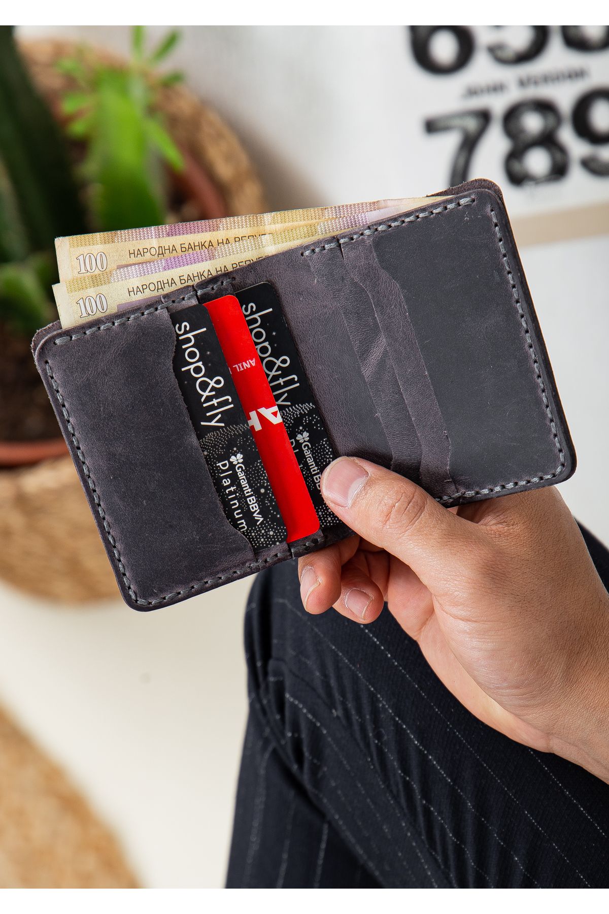 Niki Leather Carlos El Yapımı Gri Gerçek Deri Cüzdan Kartlık