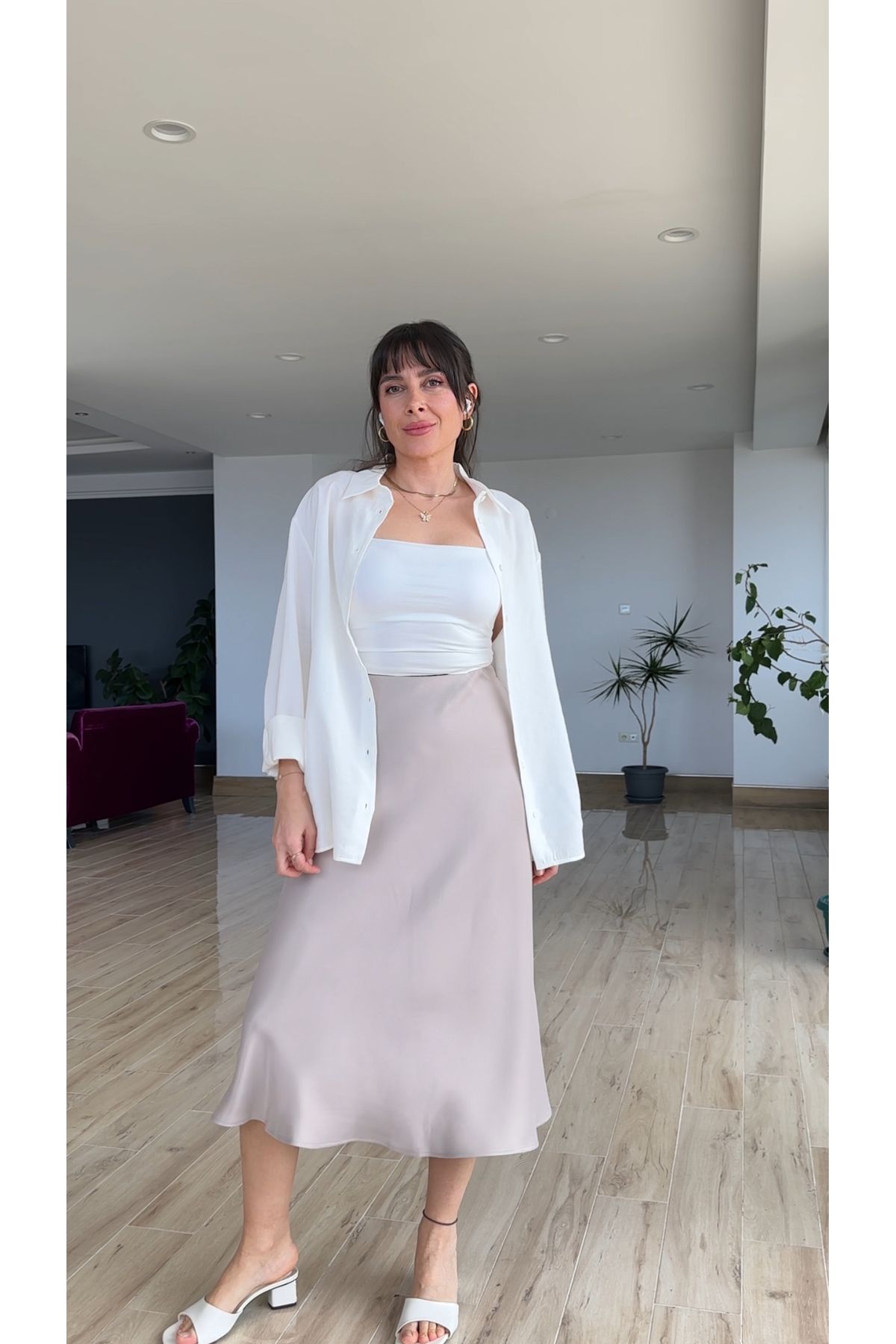 AYSEGUL SOZKESEN Saten Midi Boy Beli Lastikli Etek