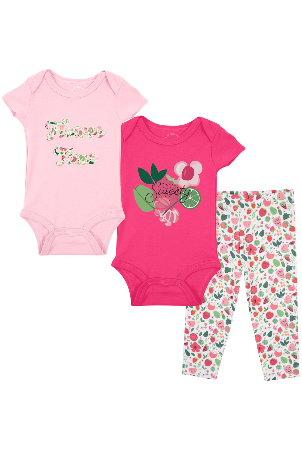 Mavipink Kız Bebek Karpuzlu Çilek ve Çiçek Desenli 3'lü Body Zıbın Tayt Takım