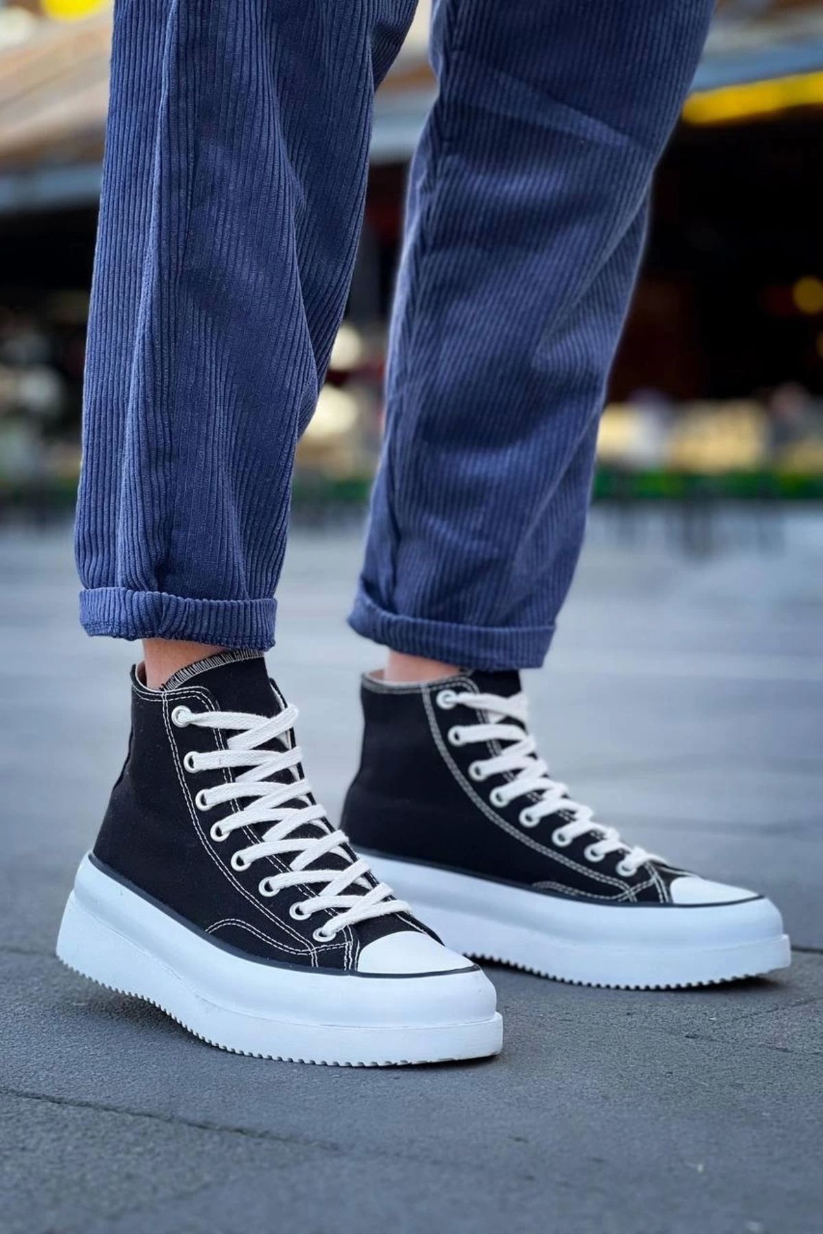 OurStyles KB-CX-3 Kuback Uzun Siyah Keten Beyaz Yüksek Taban Spor Ayakkabı