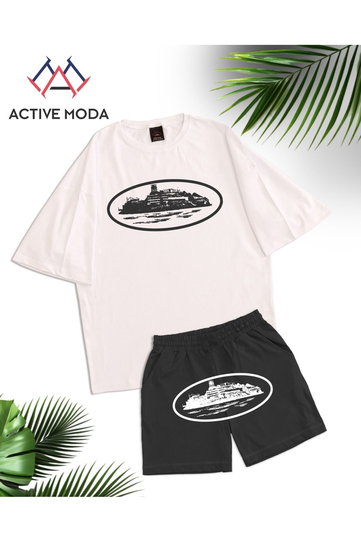ACTIVE MODA -ERKEK KISA KOLLU Corteiz BASKILI KISA KOLLU TSHIRT-ŞORT TAKIMI 2Lİ BÜYÜK BEDEN PAMUKLU