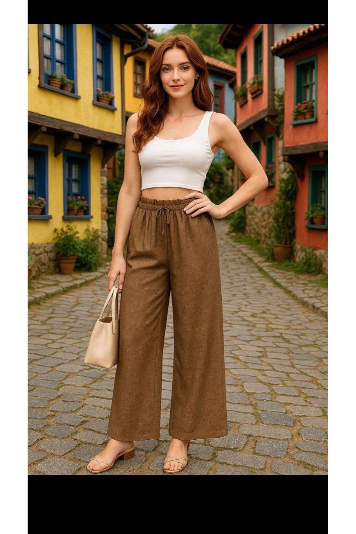 Butik Beli Lastikli Geniş Paça Bürümcük Pantolon