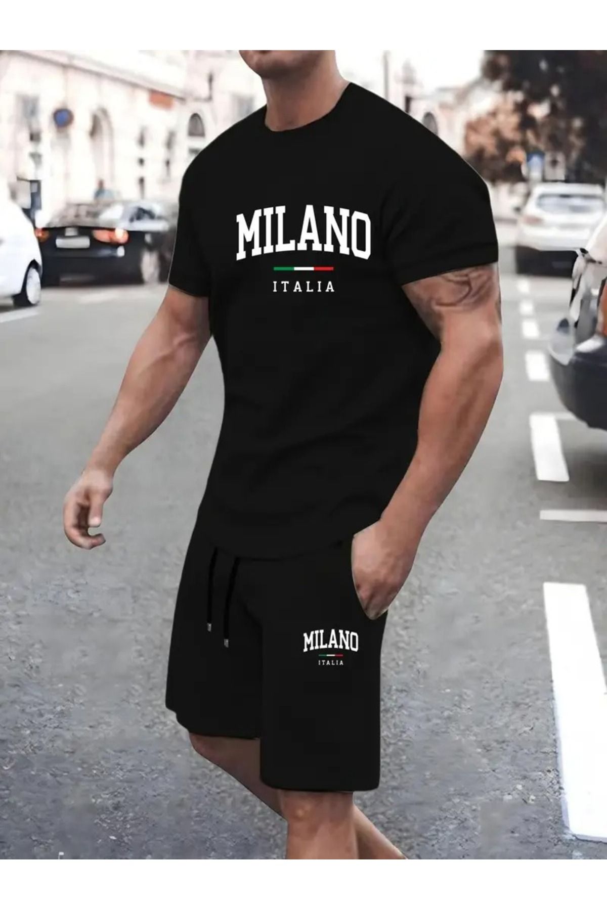 LAND MODA Erkekler için "Milano İtalya" Grafik T-Shirt ve Şort Seti - Siyah Polyester, Rahat Yaz Spor Giyimi,