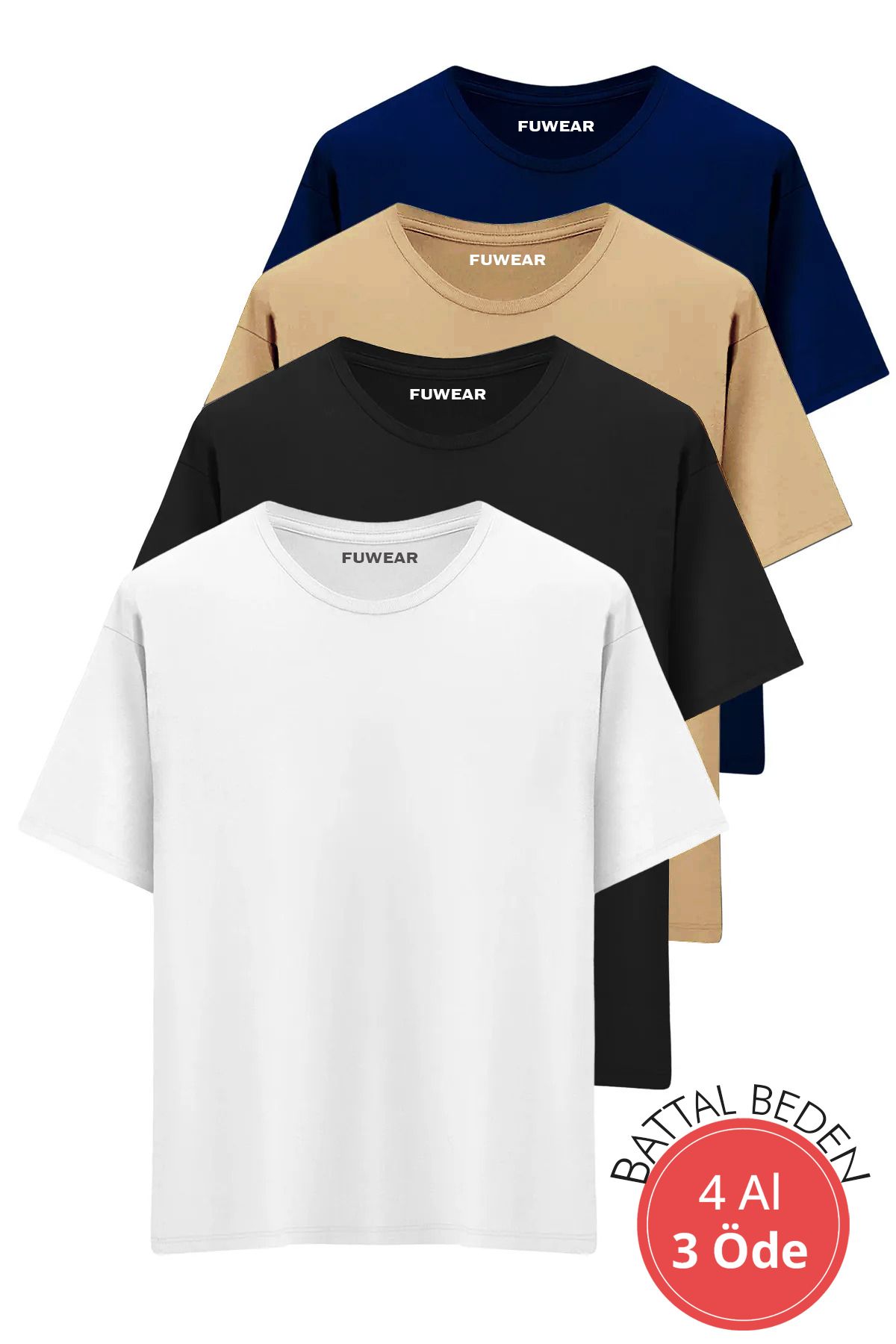 FUWEAR Büyük Battal Beden Premium Kalite Pamuklu T-Shirt 4 Adet Siyah, Beyaz, Gri ve Lacivert