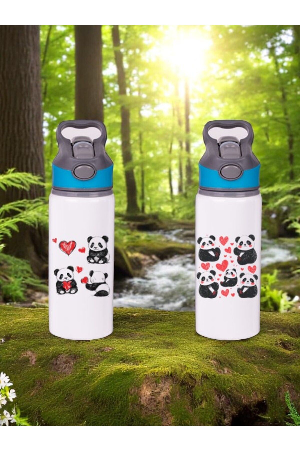 lili hediyelik Kalpli Panda Baskılı 2'li Pipetli Matara Suluk 650 ml