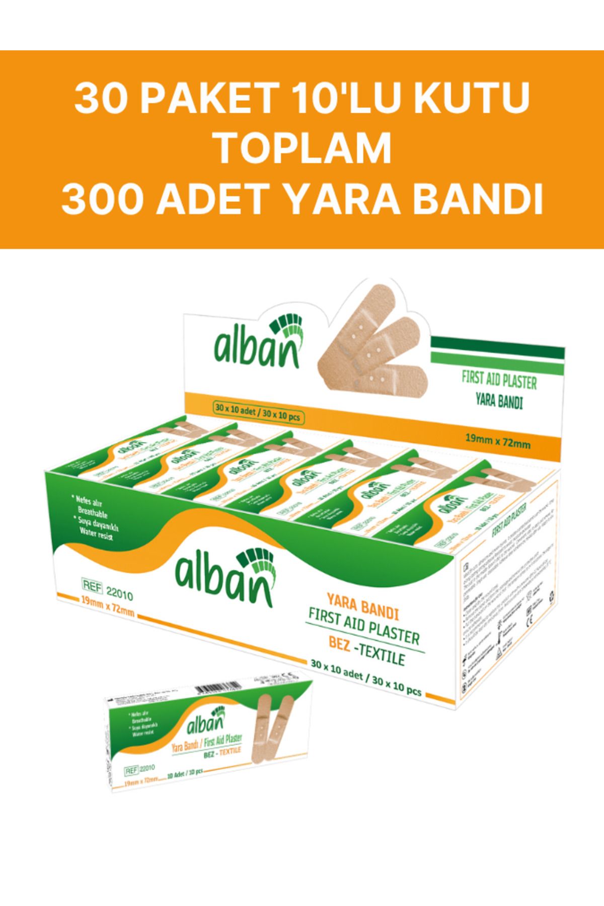 Alban Bez Yara Bandı – 30 Paket x 10’lu (Toplam 300 Adet) – İlk Yardım Bandı