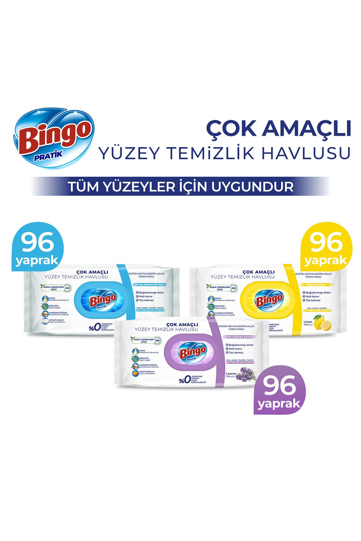 Pratik Yüzey Temizlik Havlusu Beyaz Sabun, Lavanta & Limon 96'lı (288 YAPRAK)