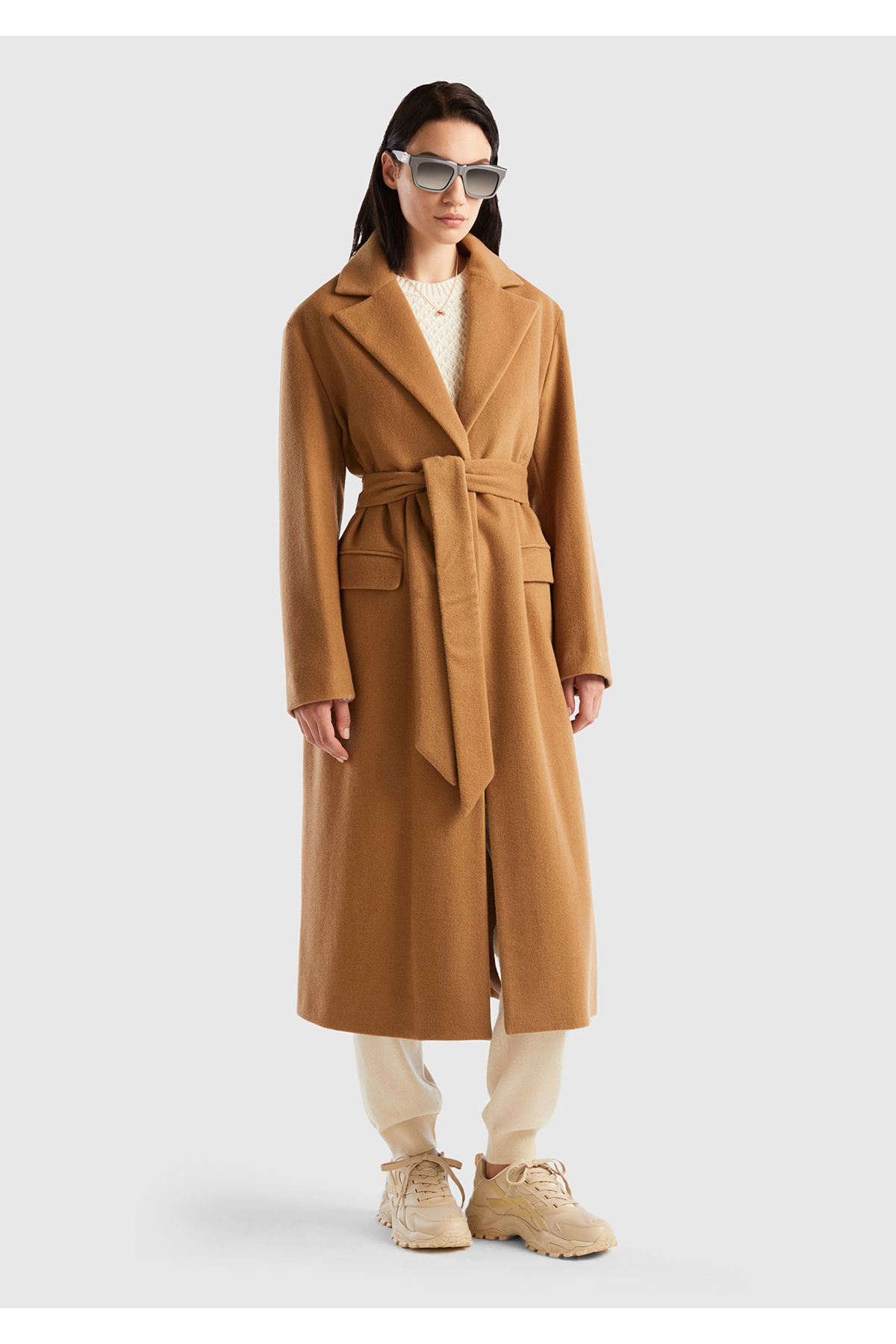 United Colors of Benetton  Kadın Taba Yün Karışımlı Belden Bağlamalı Palto - Görsel 5