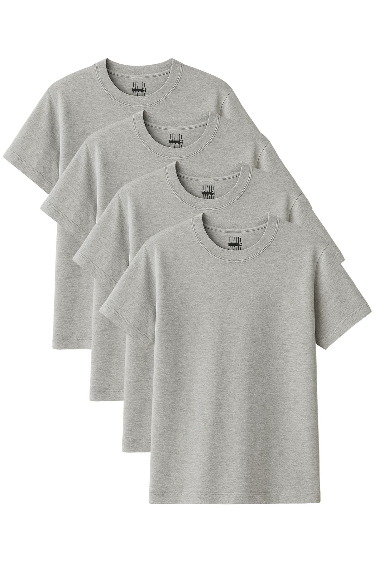 uniqwo Unisex 4'lü Paket Melanj Gri %100 Pamuk Premium Regular Basic T-Shirt