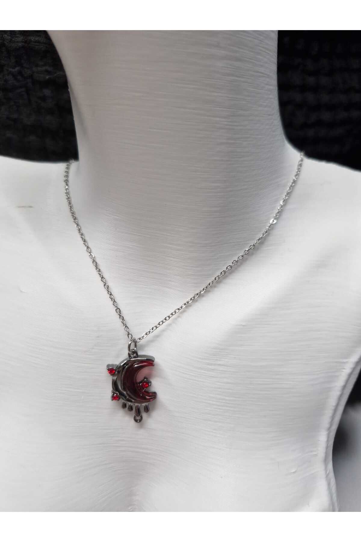 Palk Store Y2K Çelik Bordo Hilal Ay Detaylı Kolye